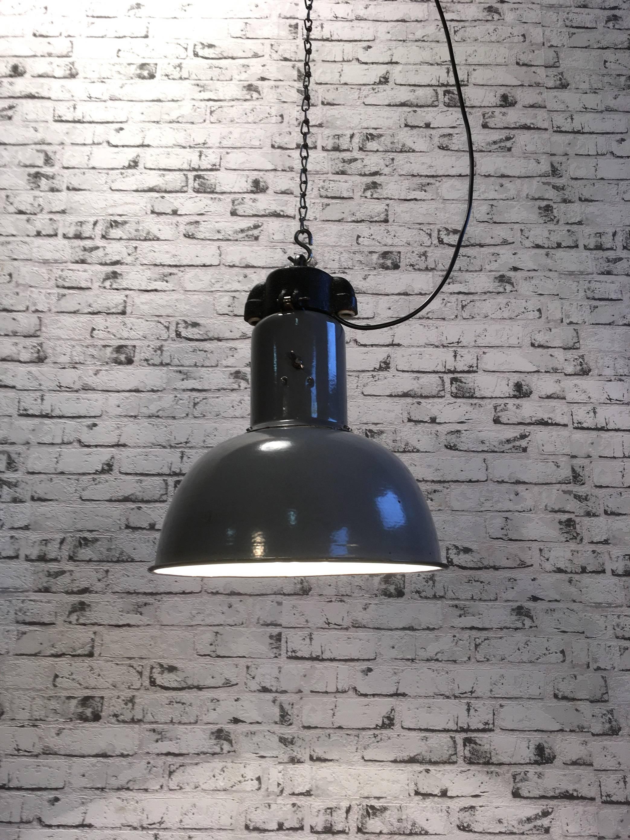 Enameled Grey Enamel Vintage Industrial Hanging Bauhaus Lamp