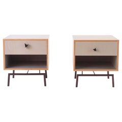 Grey Finn Ply Bedside Tables with Bronze Base and Bronze Butterfly Pulls