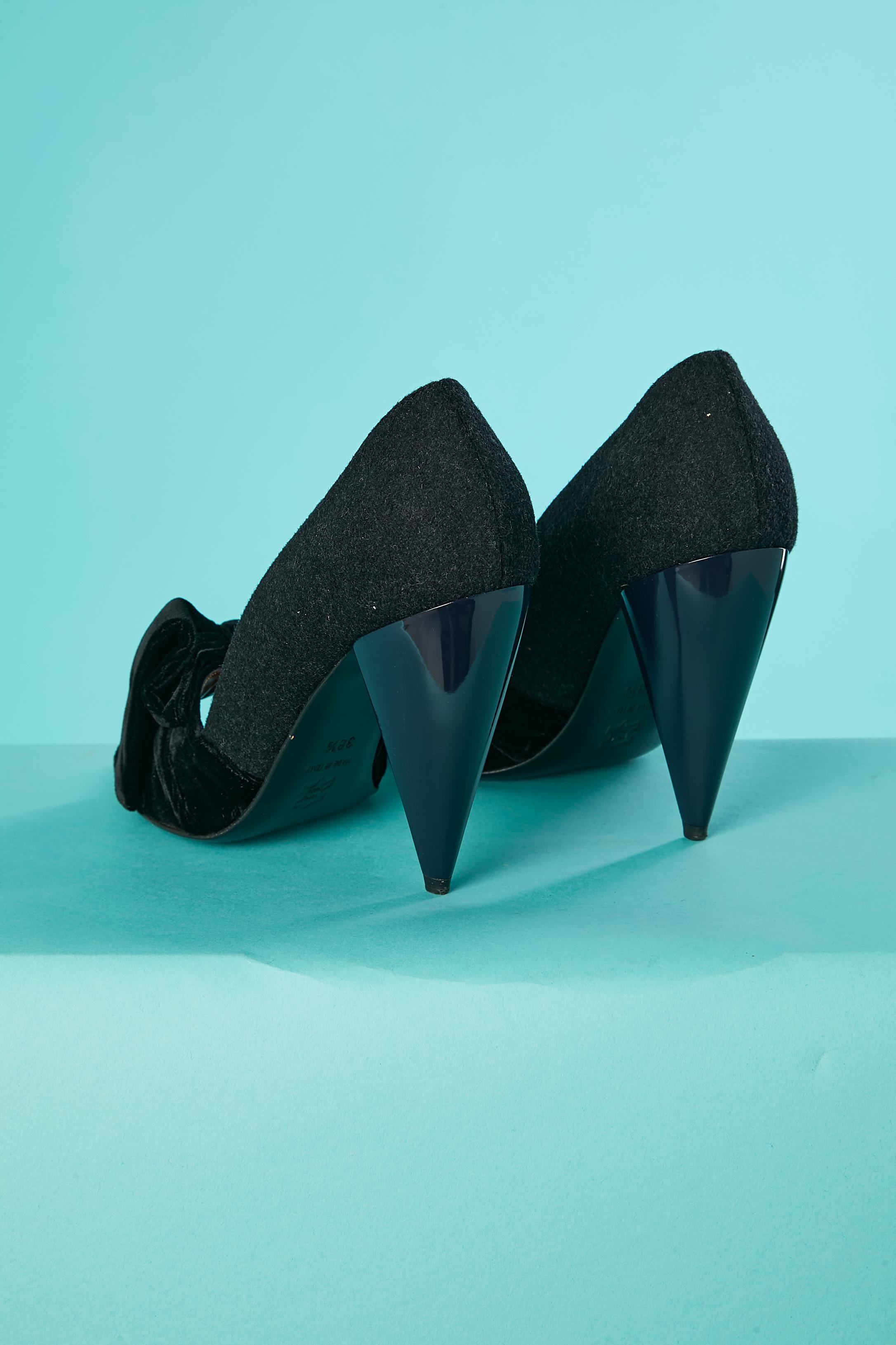 Black Grey flanelle, black velvet bow and blue heel stiletto LANVIN by Alber Elbaz For Sale