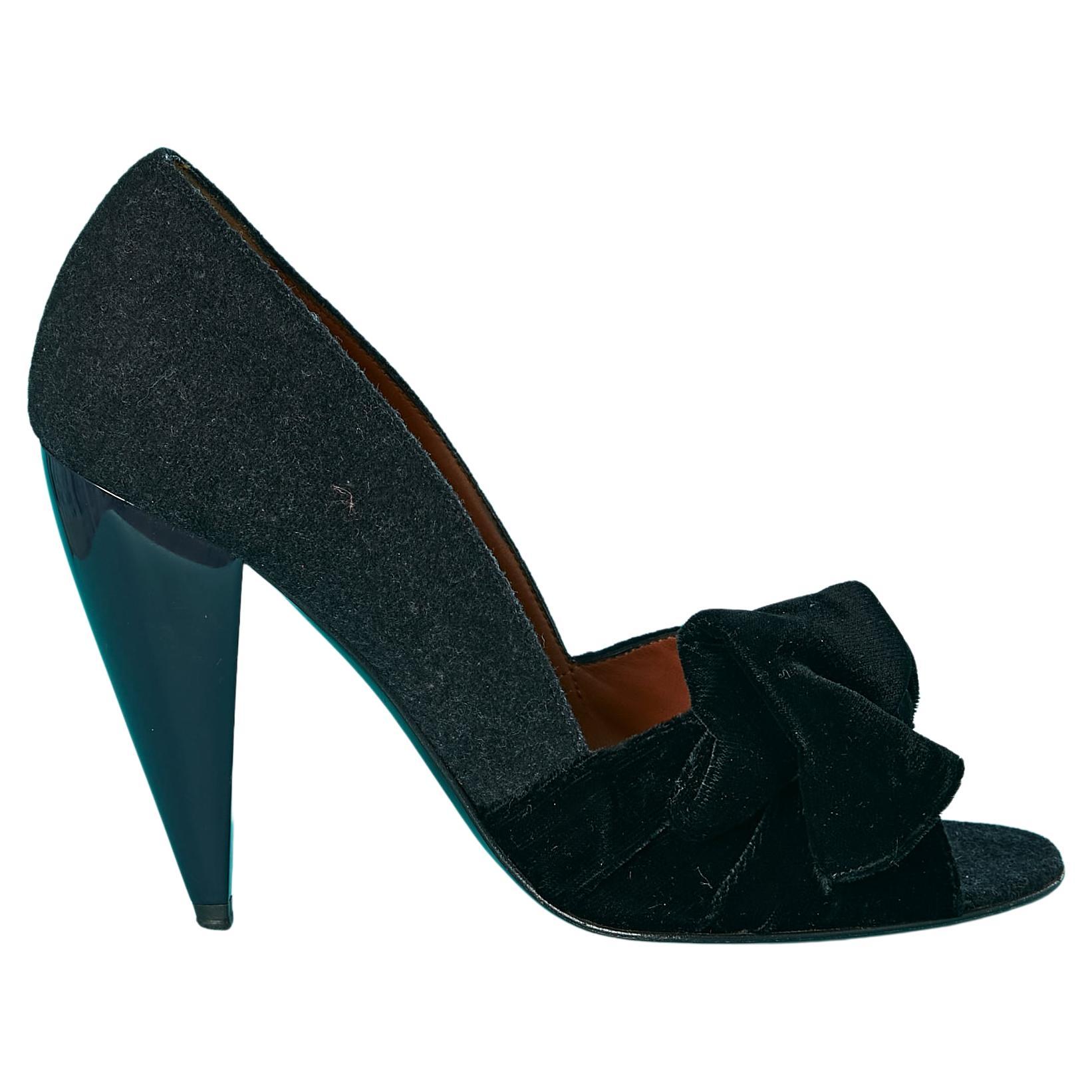 Grey flanelle, black velvet bow and blue heel stiletto LANVIN by Alber Elbaz For Sale