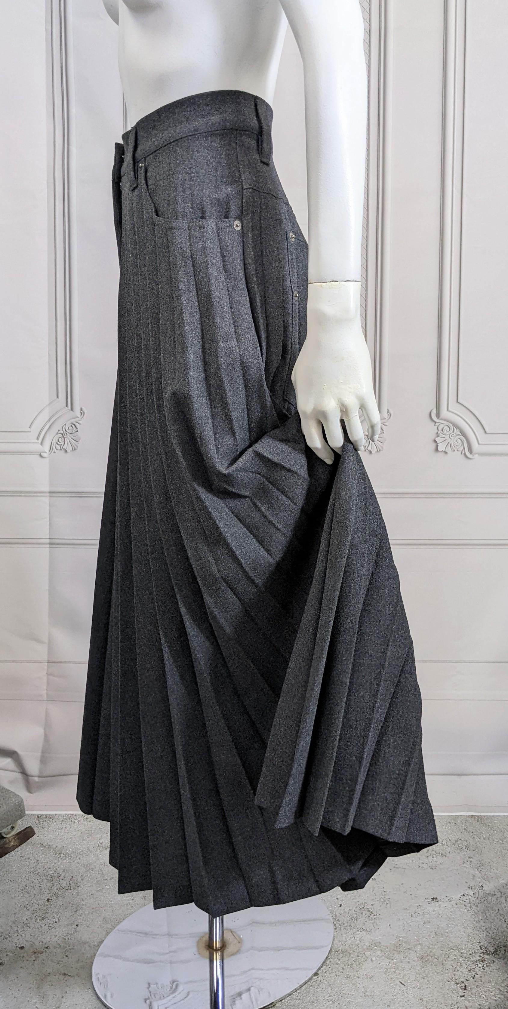 Black Grey Flannel Pleated Sunburst Jean Skirt For Sale