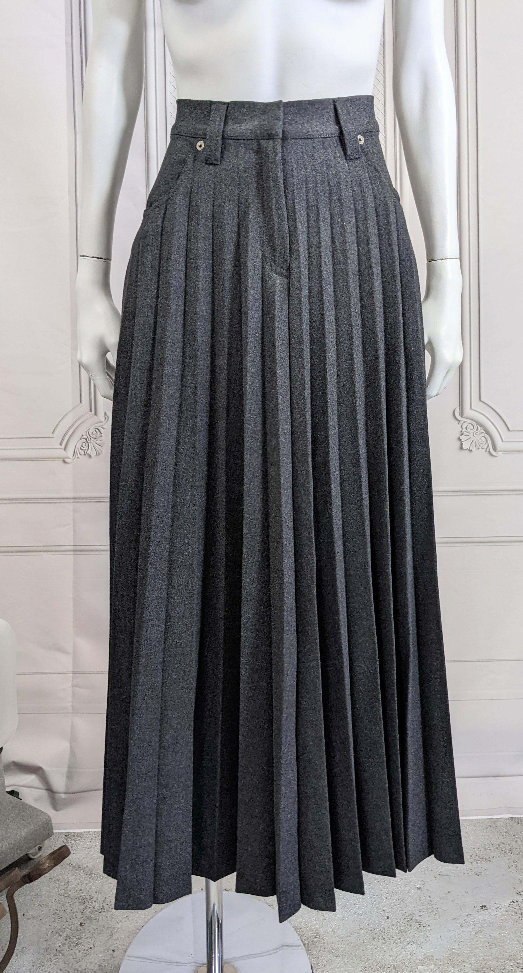 Grey Flannel Pleated Sunburst Jean Skirt In New Condition For Sale In New York, NY