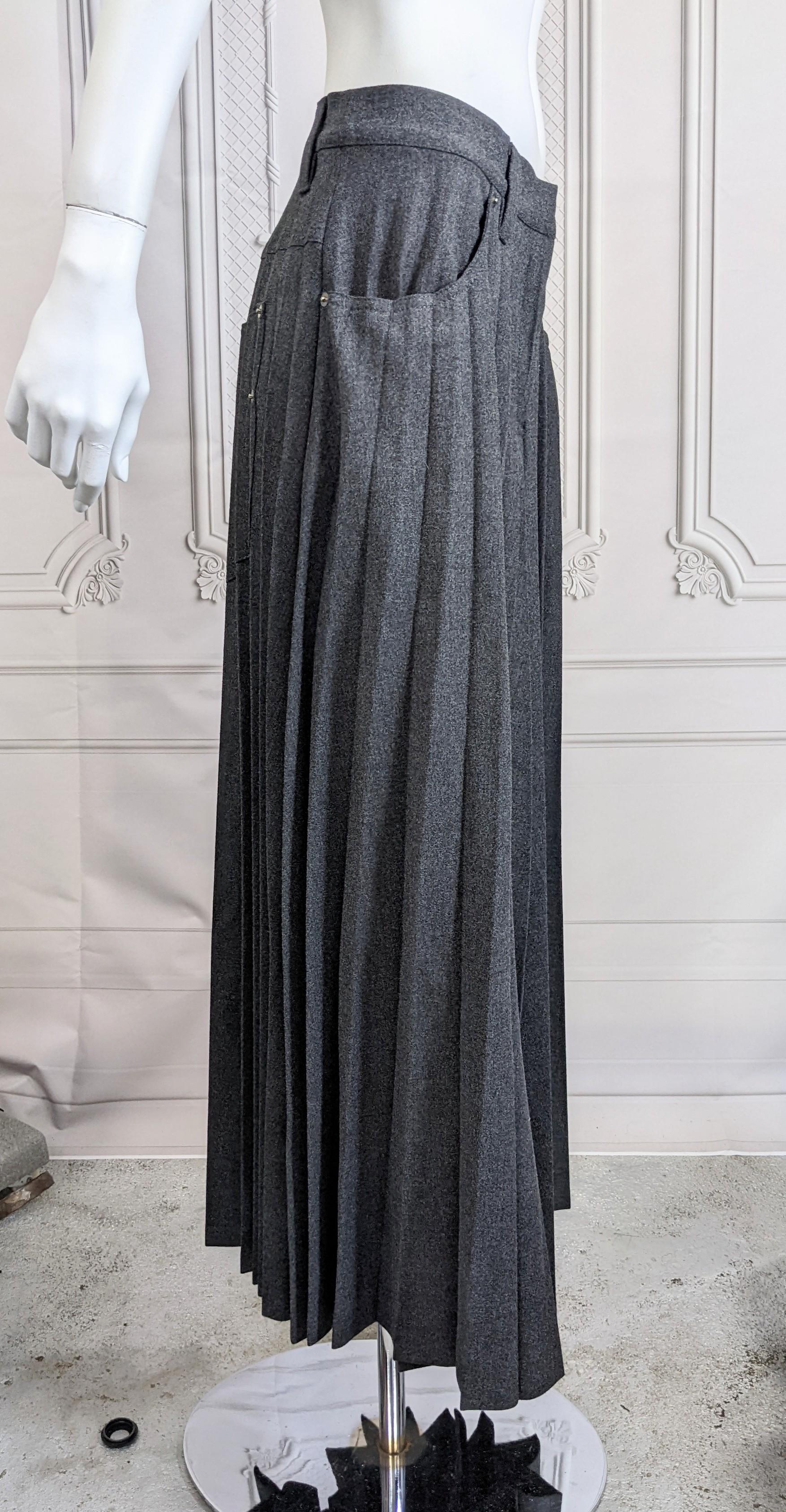Women's or Men's Grey Flannel Pleated Sunburst Jean Skirt For Sale