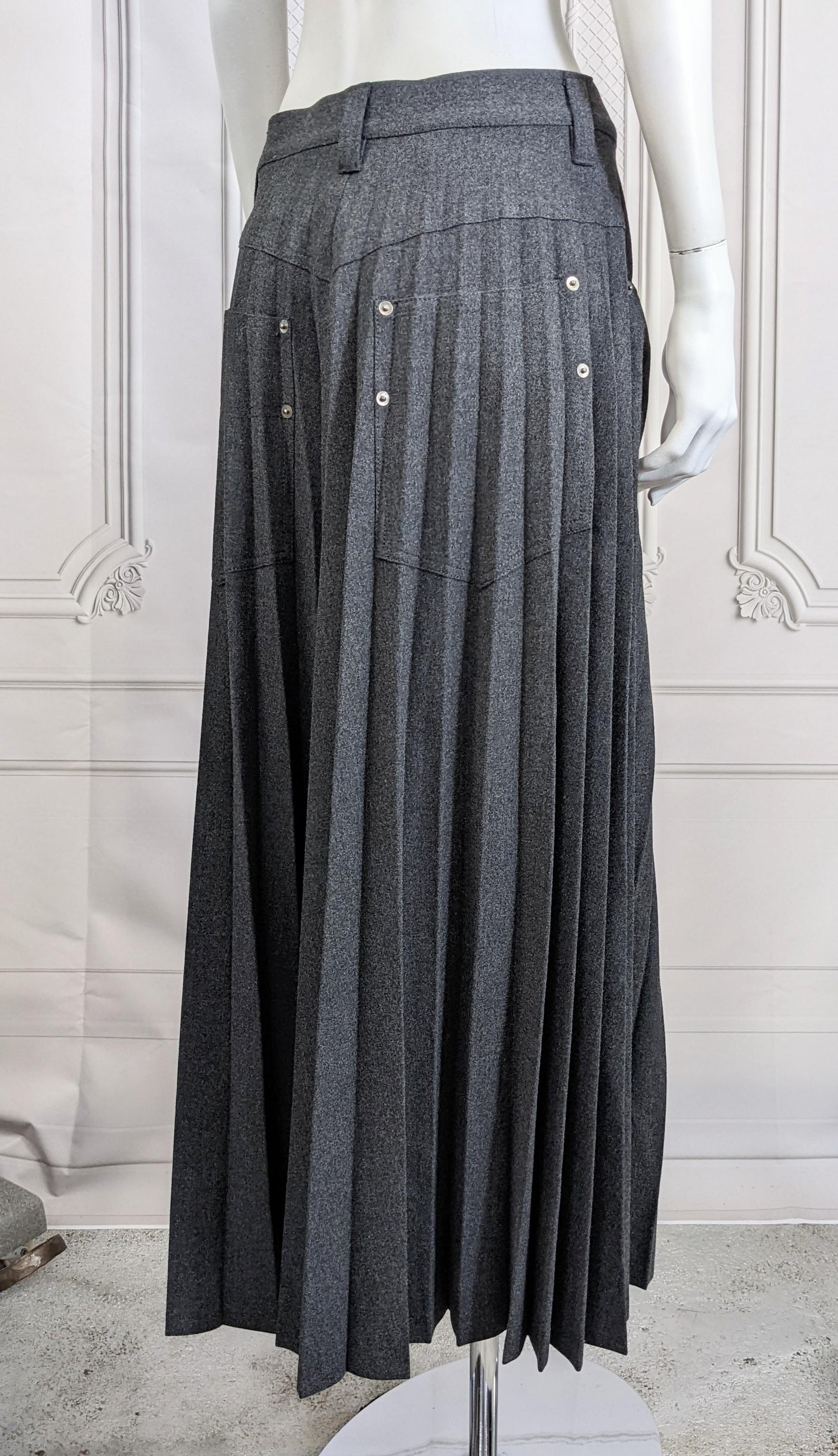 Grey Flannel Pleated Sunburst Jean Skirt For Sale 1