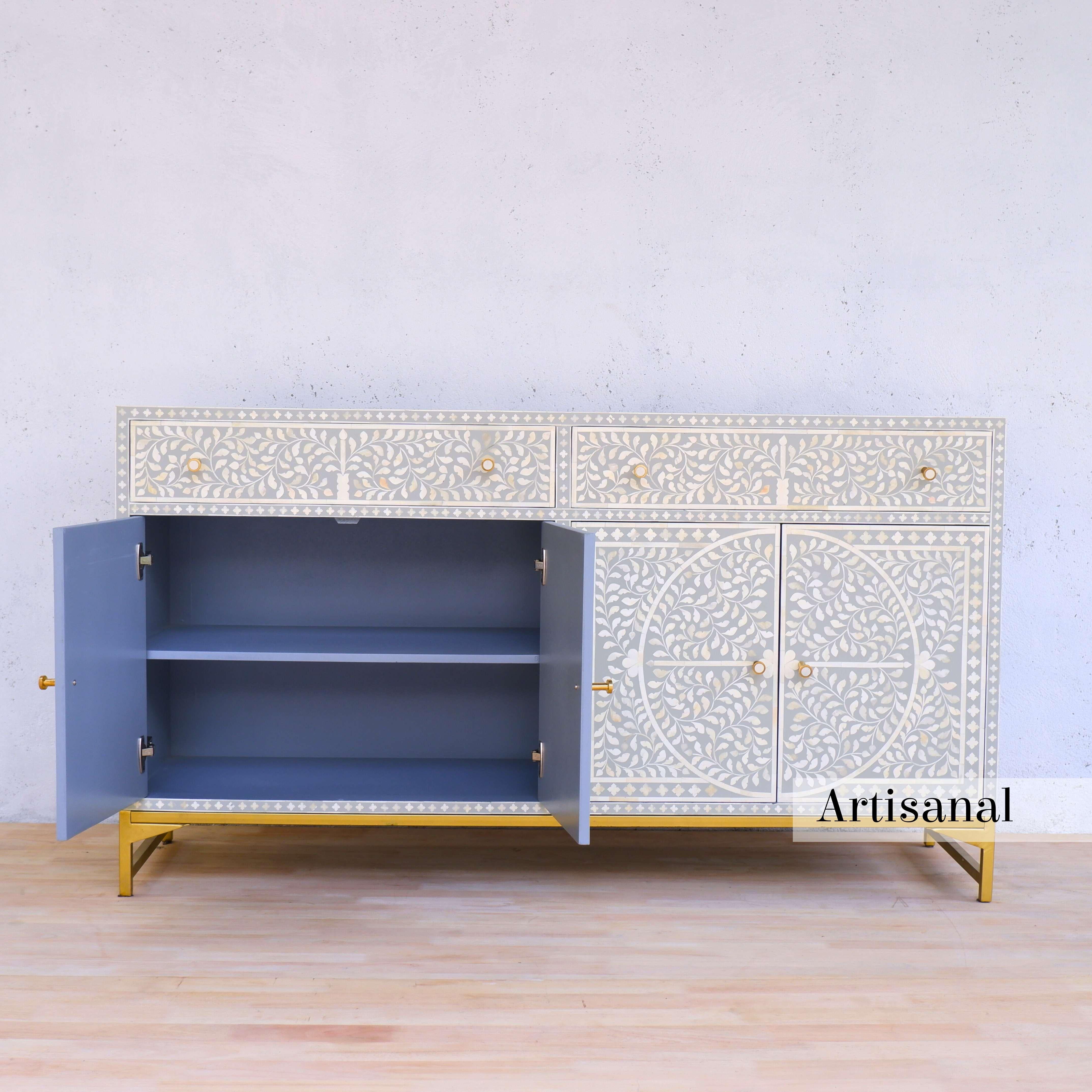 Grey Foliate Motif Pattern Inlay Side Board Handcrafted by Artisanal For Sale 3