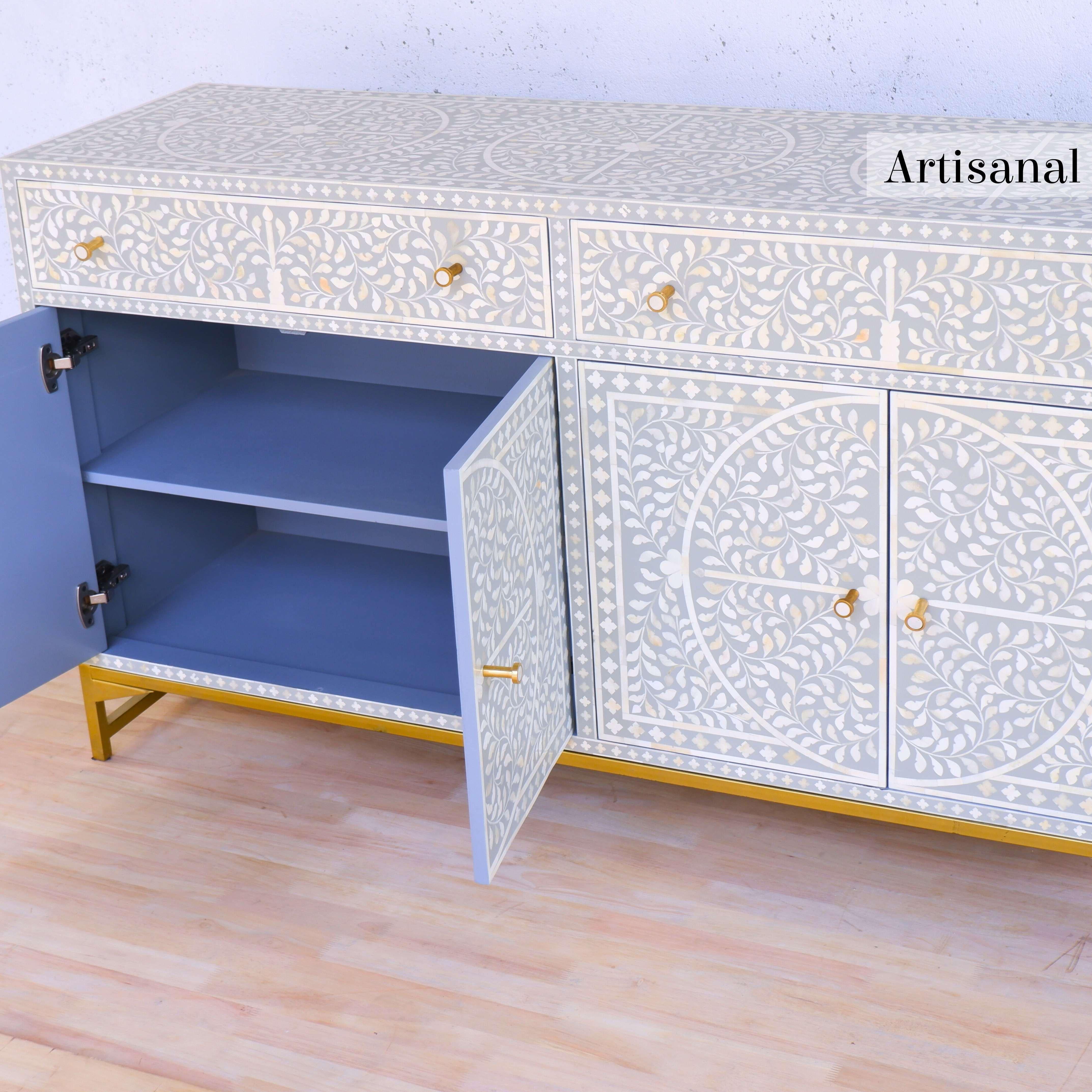 Grey Foliate Motif Pattern Inlay Side Board Handcrafted by Artisanal For Sale 4