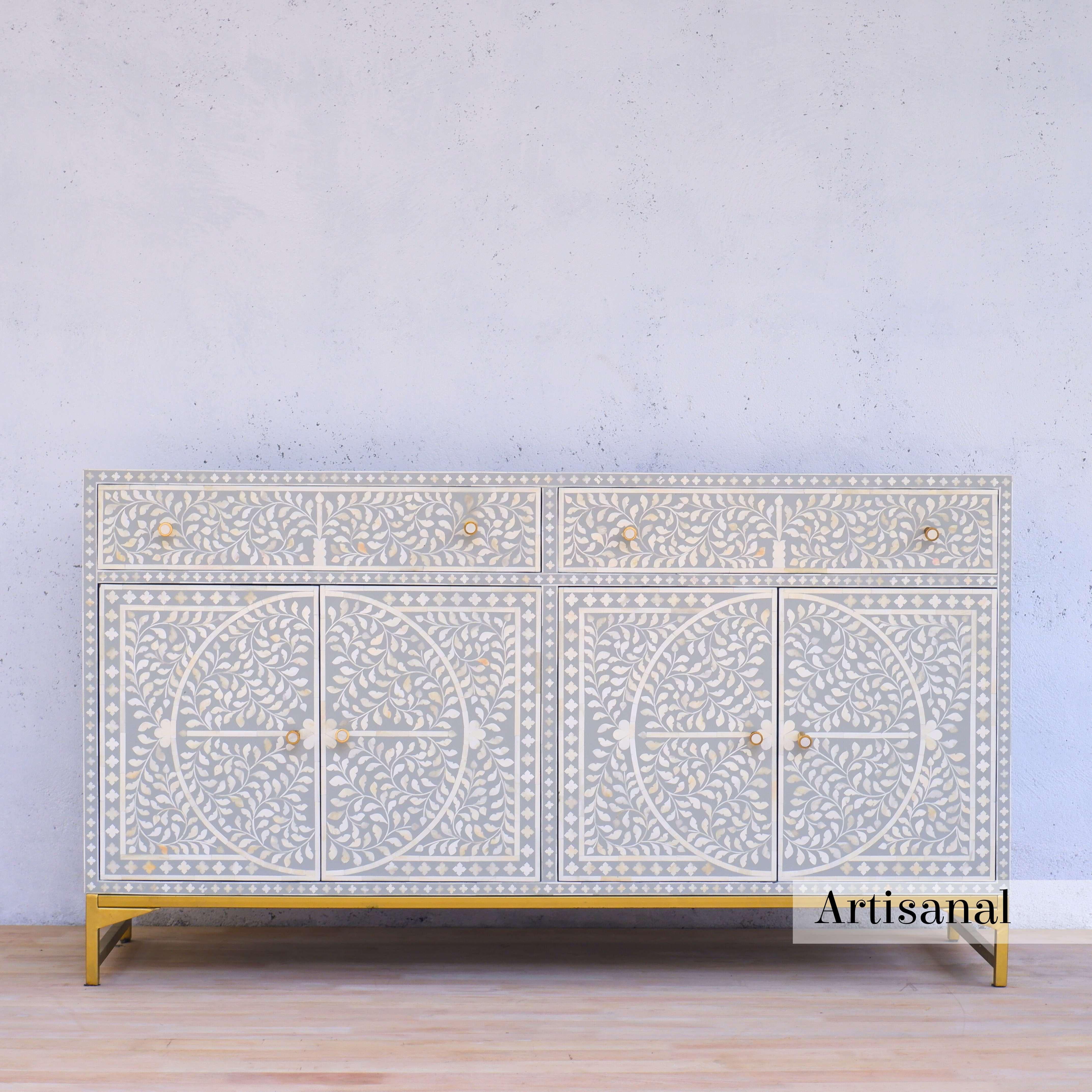 Mid-Century Modern Grey Foliate Motif Pattern Inlay Side Board Handcrafted by Artisanal For Sale