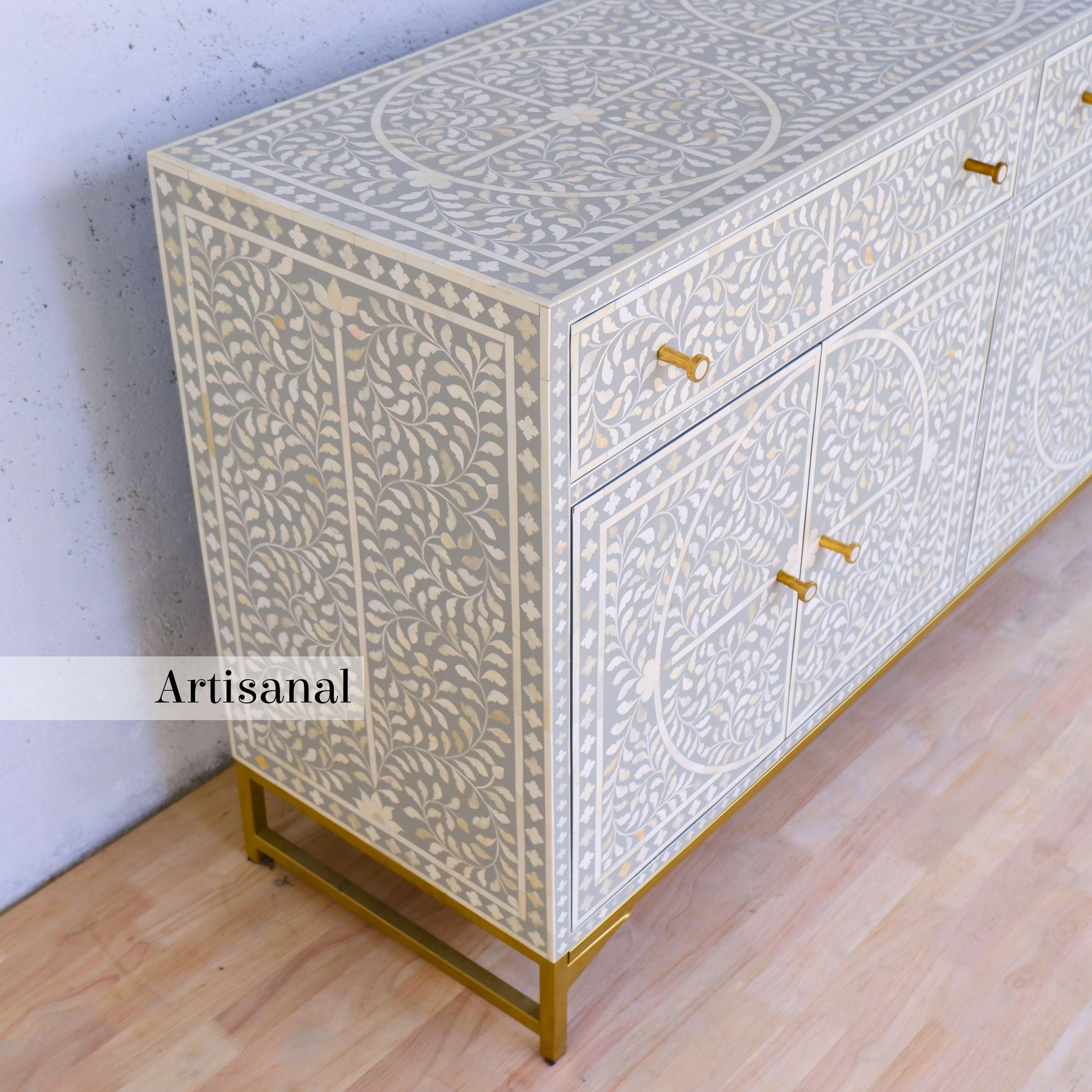 Indian Grey Foliate Motif Pattern Inlay Side Board Handcrafted by Artisanal For Sale