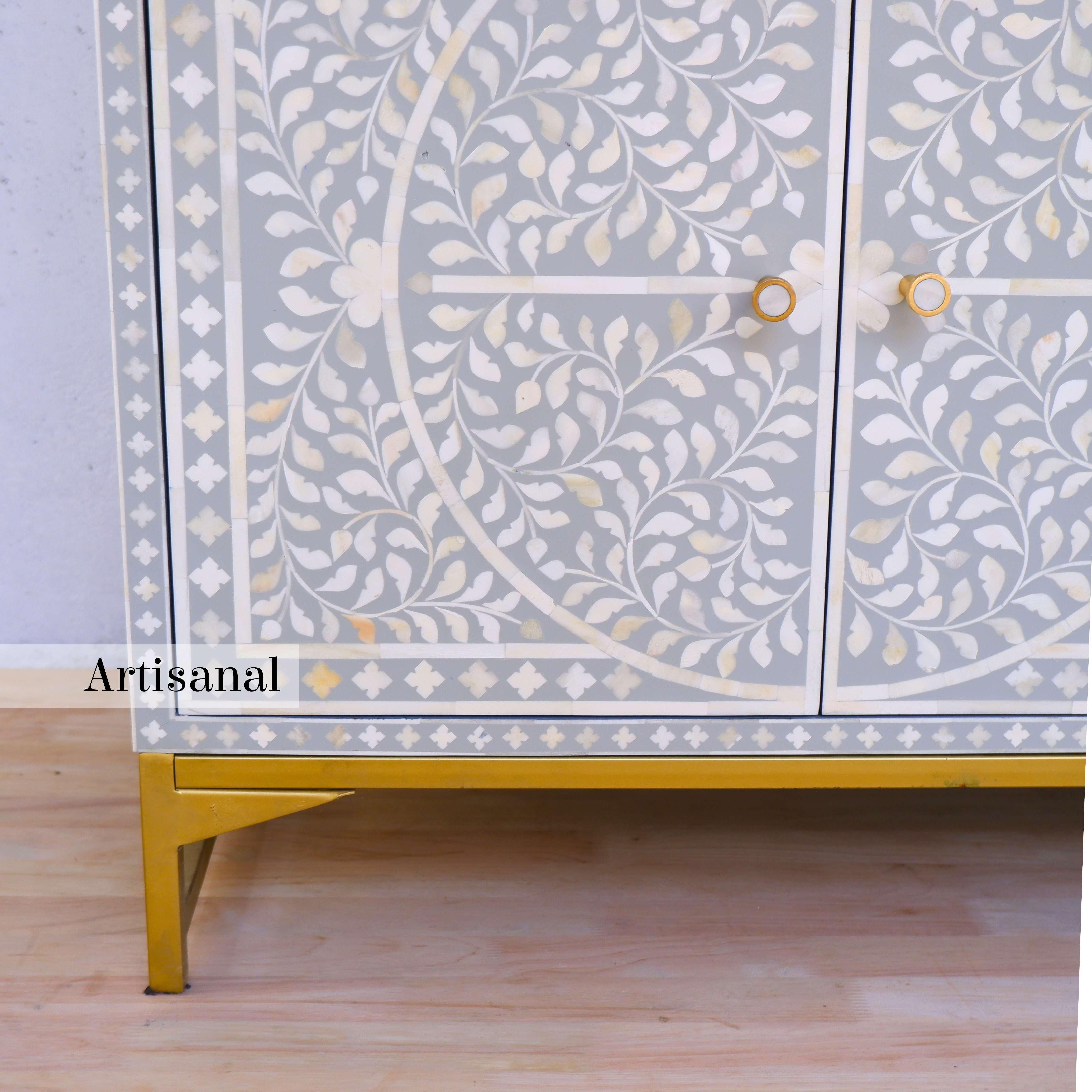 Grey Foliate Motif Pattern Inlay Side Board Handcrafted by Artisanal In New Condition For Sale In New York, NY