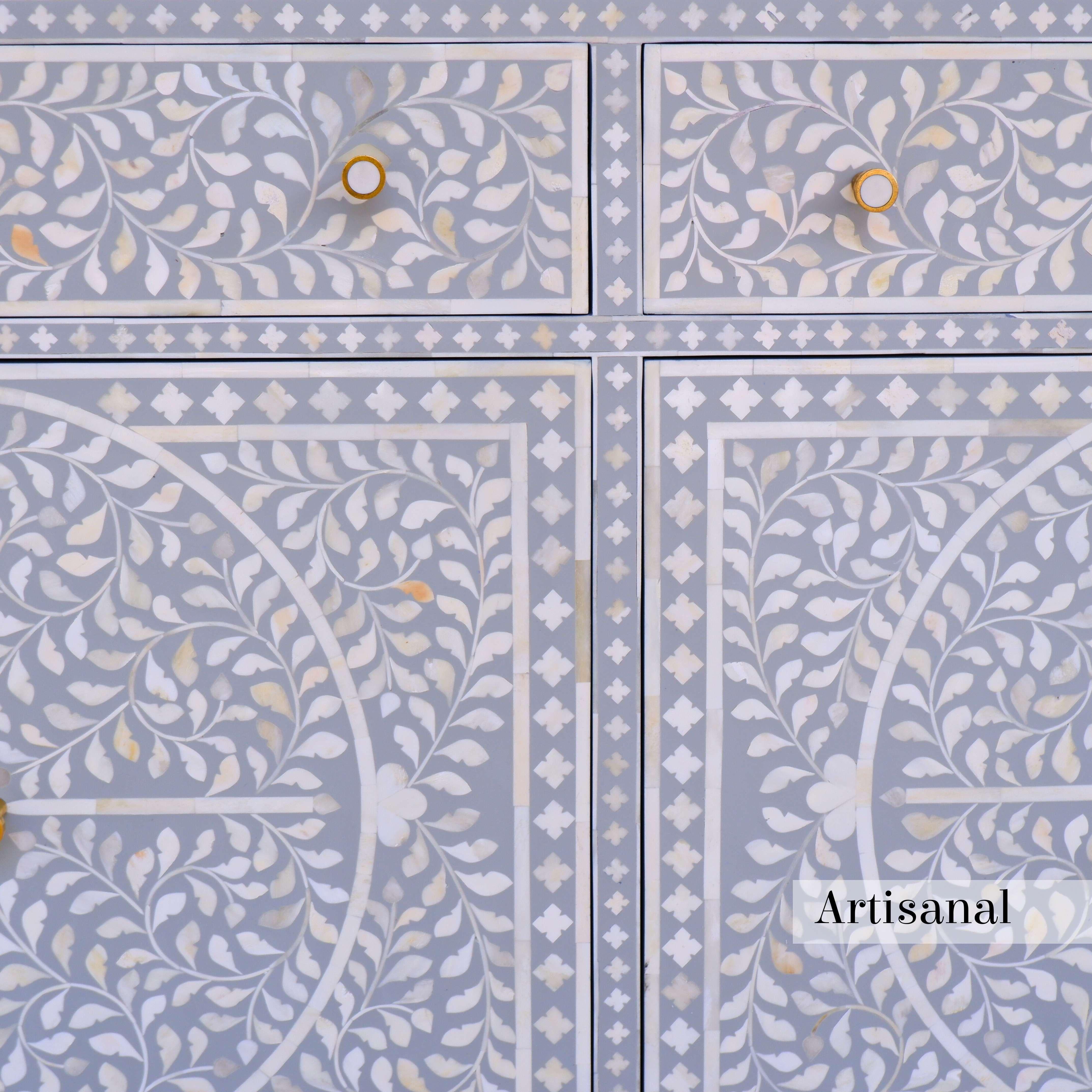 Contemporary Grey Foliate Motif Pattern Inlay Side Board Handcrafted by Artisanal For Sale