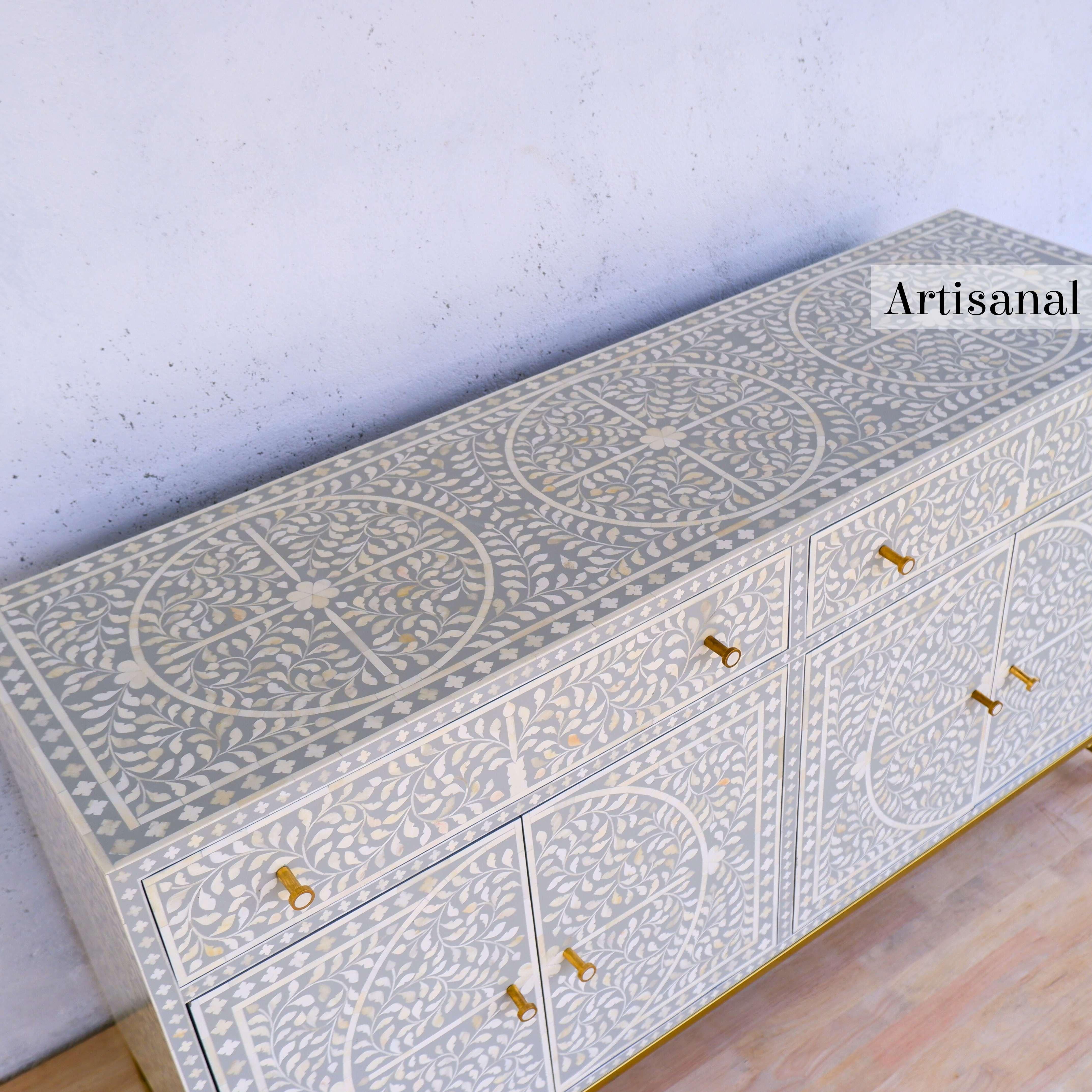 Bone Grey Foliate Motif Pattern Inlay Side Board Handcrafted by Artisanal For Sale