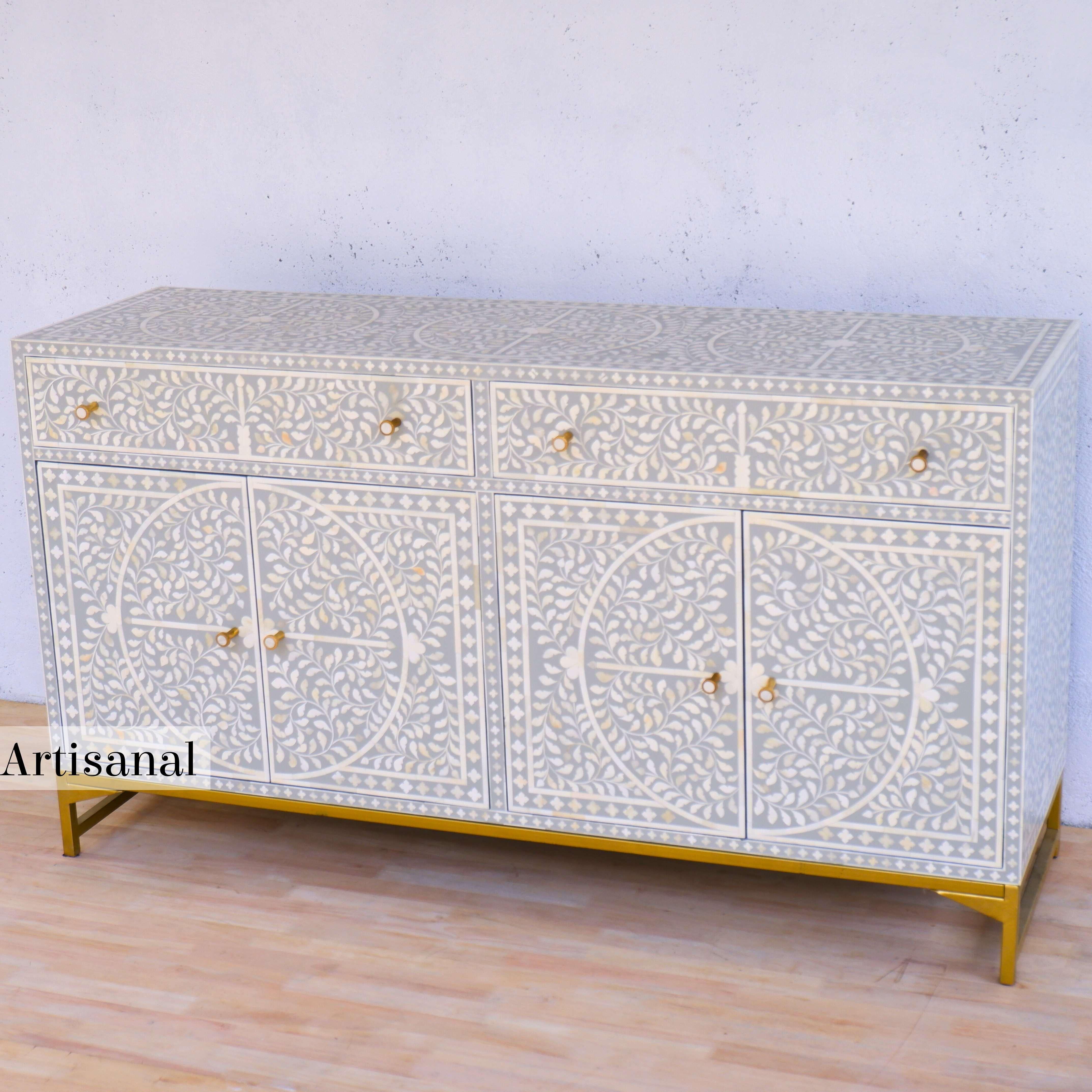 Grey Foliate Motif Pattern Inlay Side Board Handcrafted by Artisanal For Sale 1
