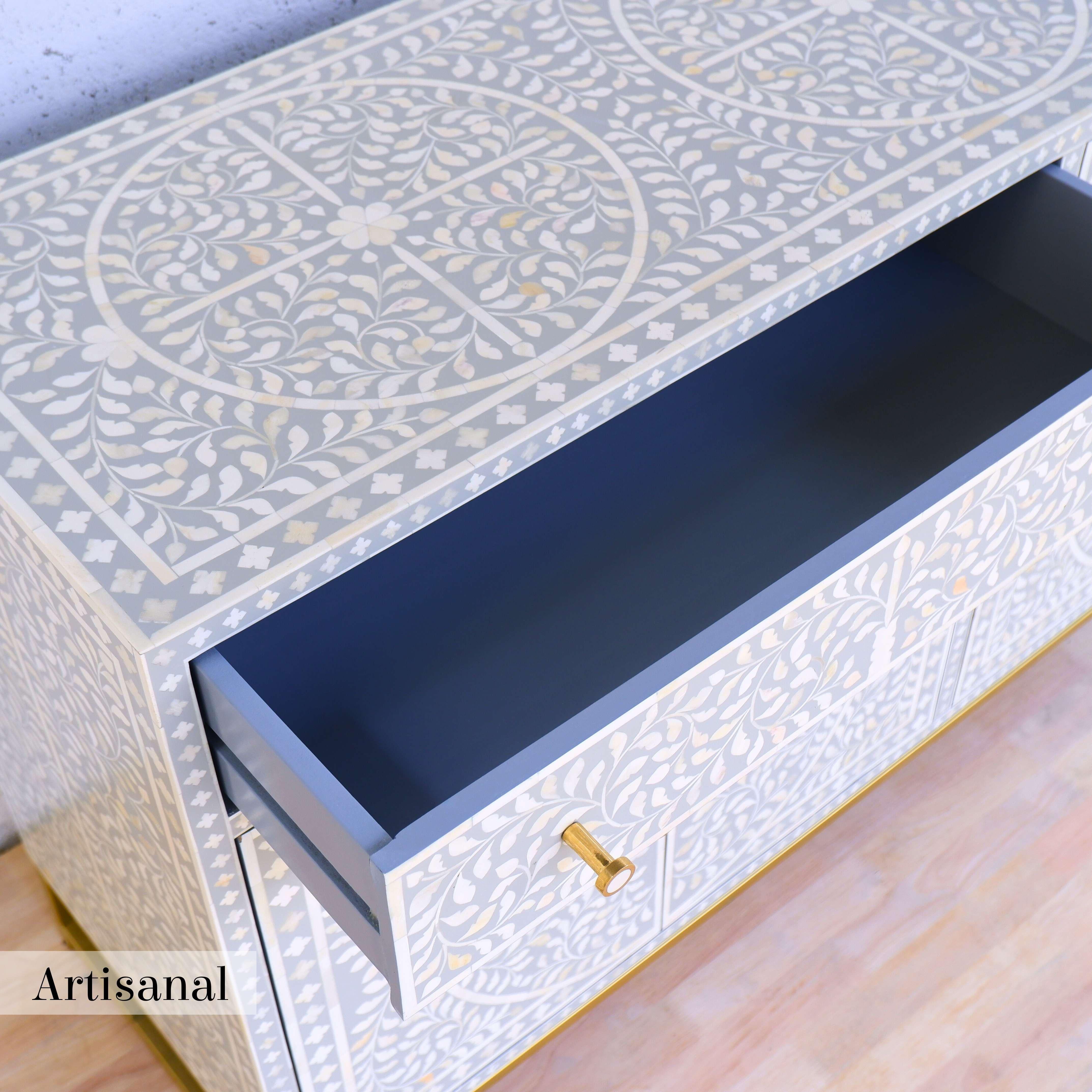 Grey Foliate Motif Pattern Inlay Side Board Handcrafted by Artisanal For Sale 2