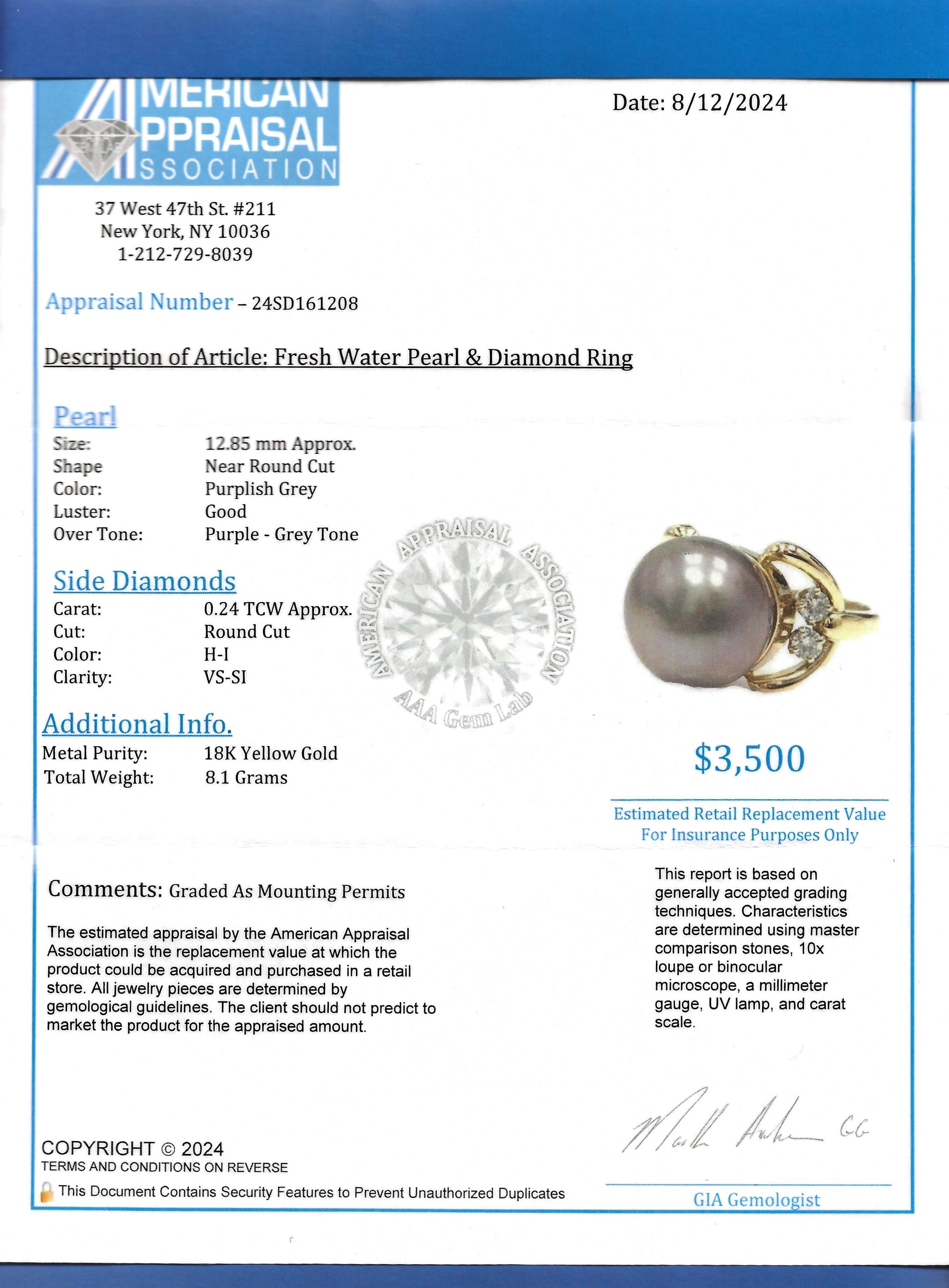 Bague cocktail en or jaune 18 carats, perle d'eau douce grise et diamant rond en vente 4