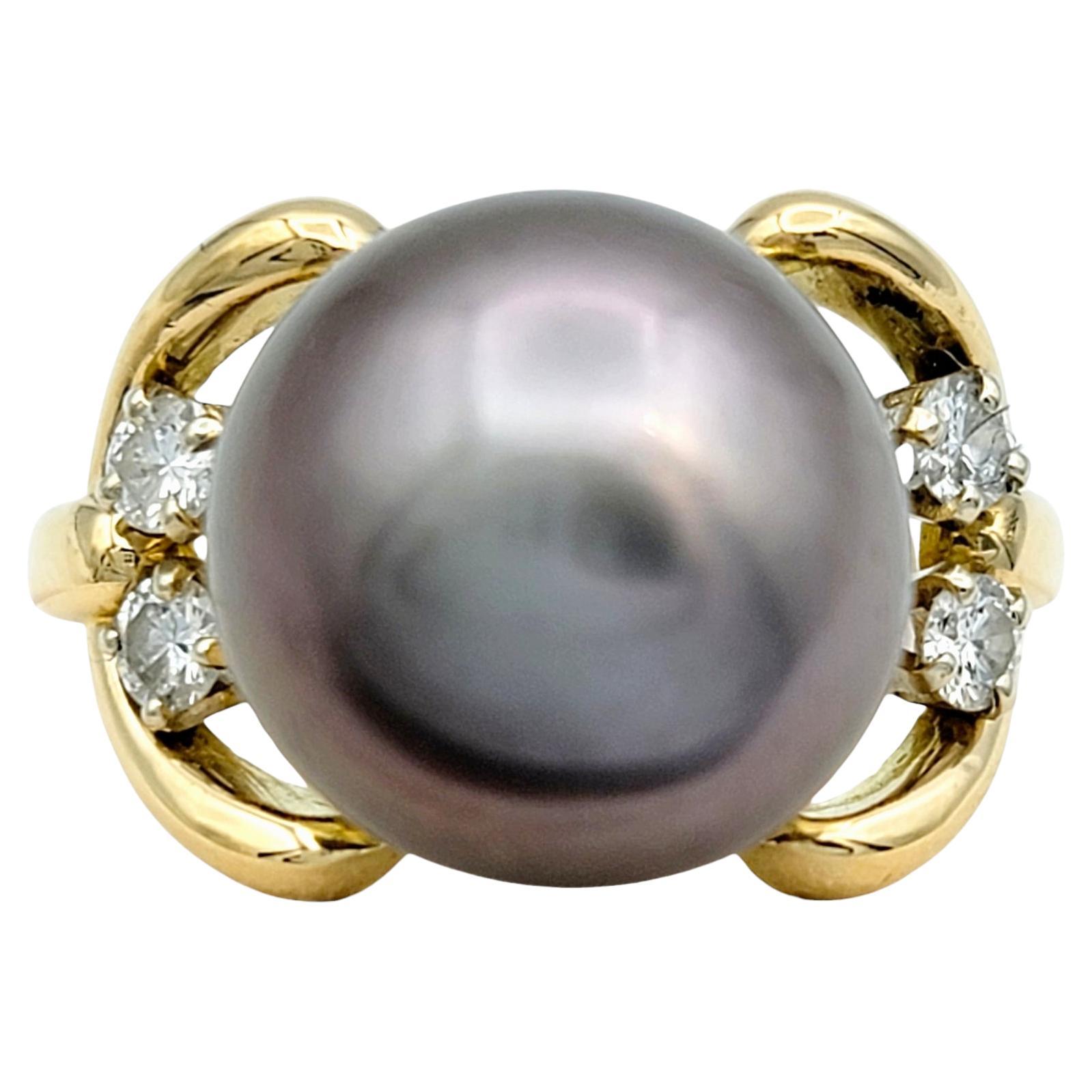 Grey Fresh Water Pearl and Round Diamond Cocktail Ring in 18 Karat Yellow Gold