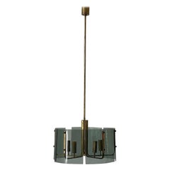 Grey Glass & Brass Body Chandelier, 1960s, Italy