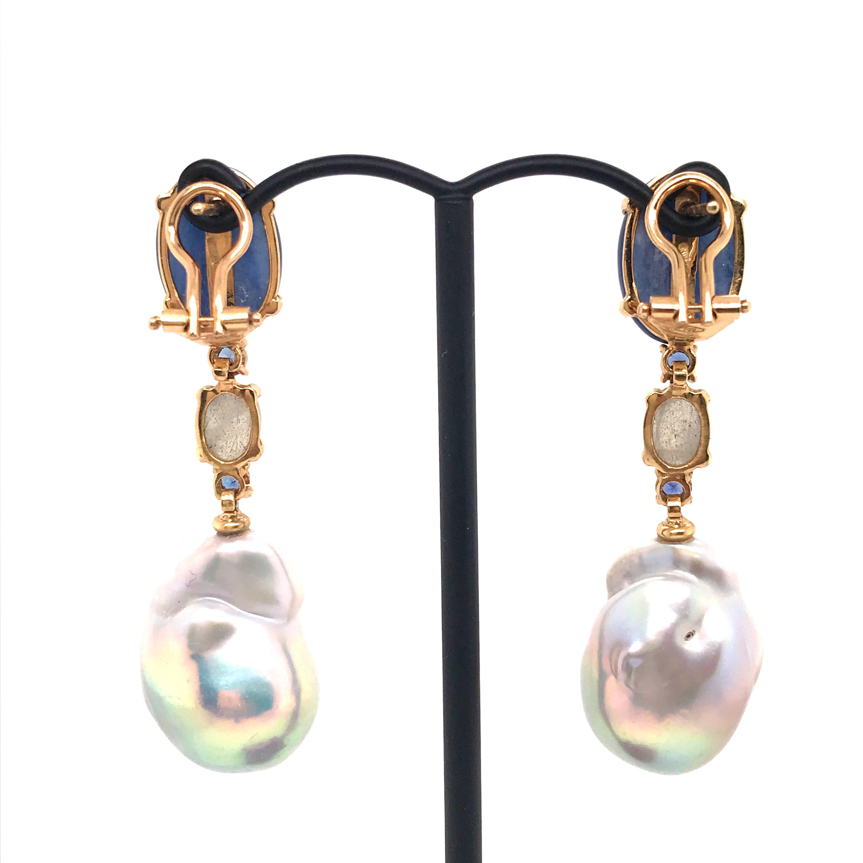 Grey Gold Kyanites Sapphires Pearls and Labradorites Chandelier Earrings 5