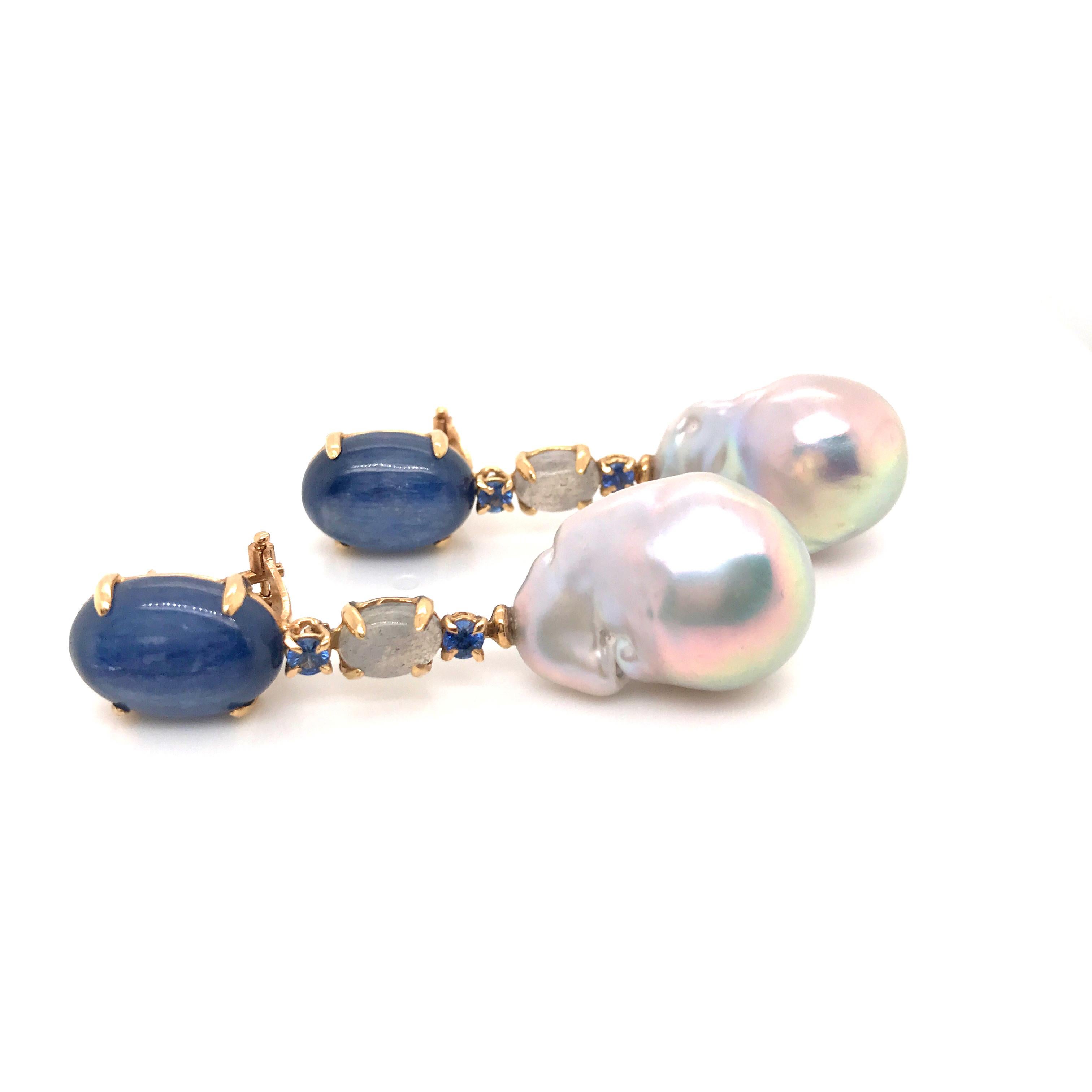Women's Grey Gold Kyanites Sapphires Pearls and Labradorites Chandelier Earrings