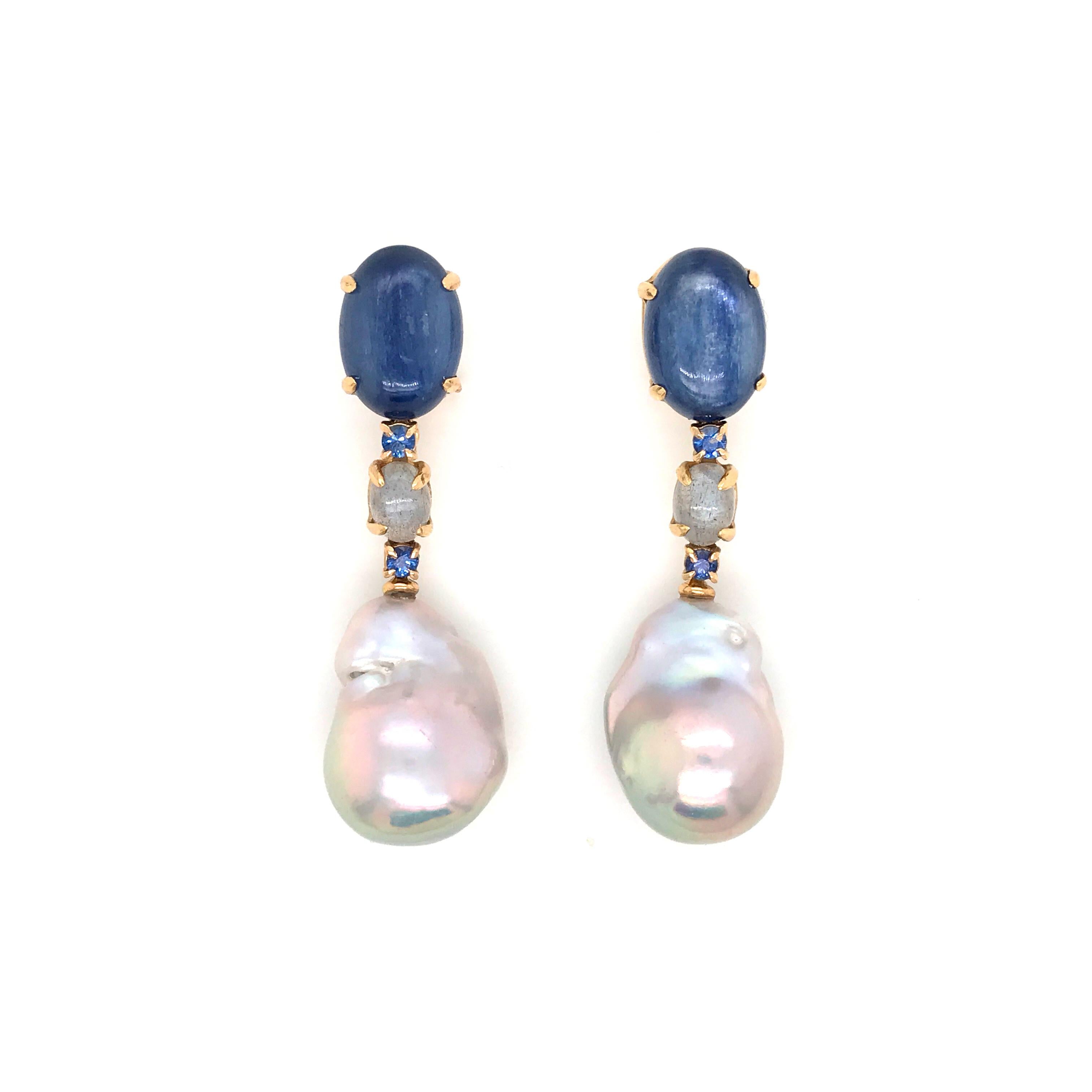 Grey Gold Kyanites Sapphires Pearls and Labradorites Chandelier Earrings 1