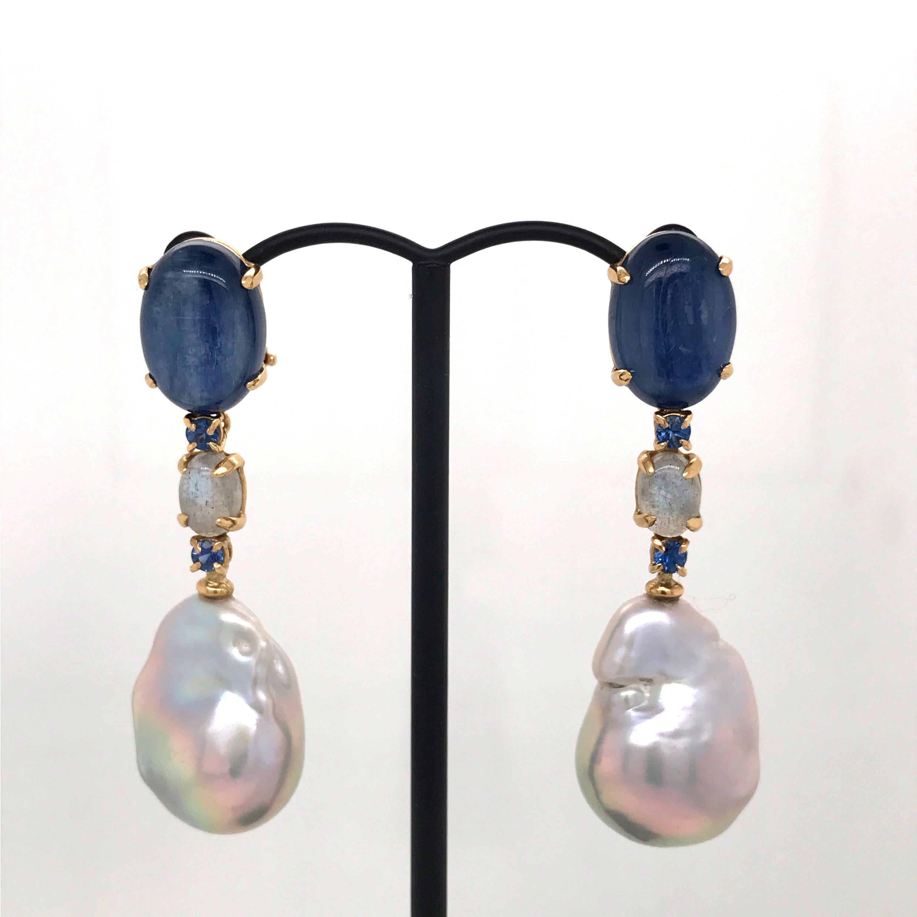 Grey Gold Kyanites Sapphires Pearls and Labradorites Chandelier Earrings 2