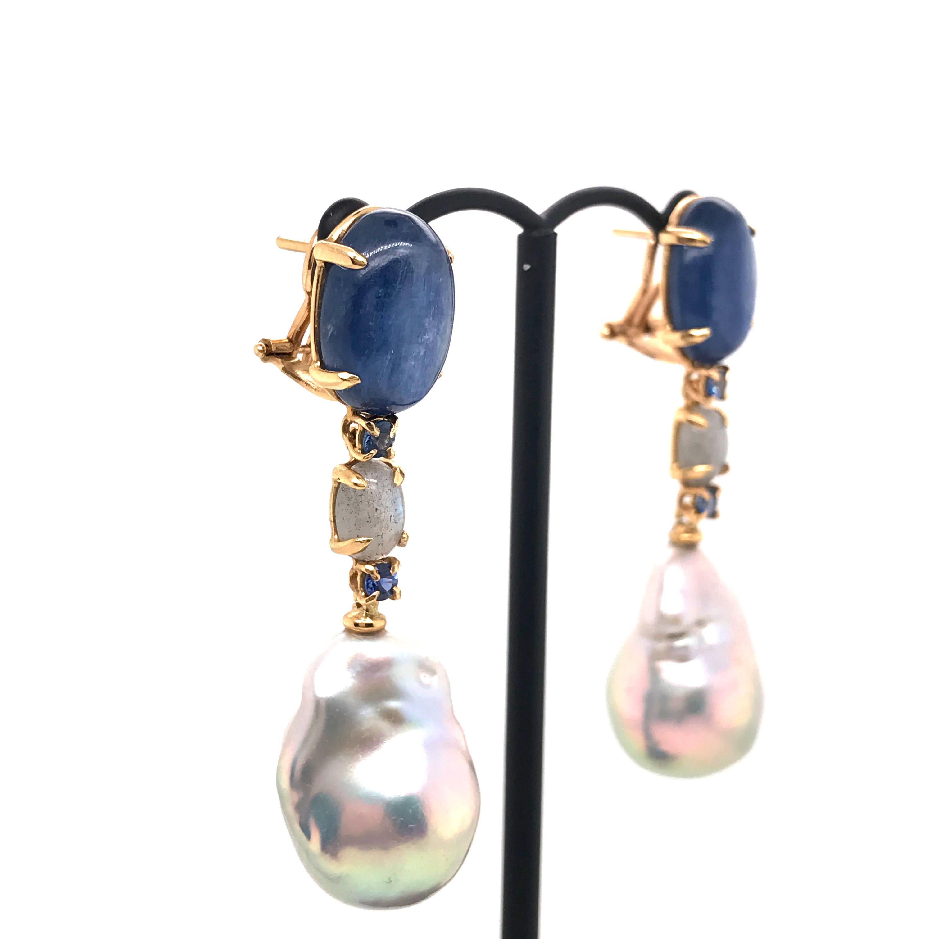 Grey Gold Kyanites Sapphires Pearls and Labradorites Chandelier Earrings 3