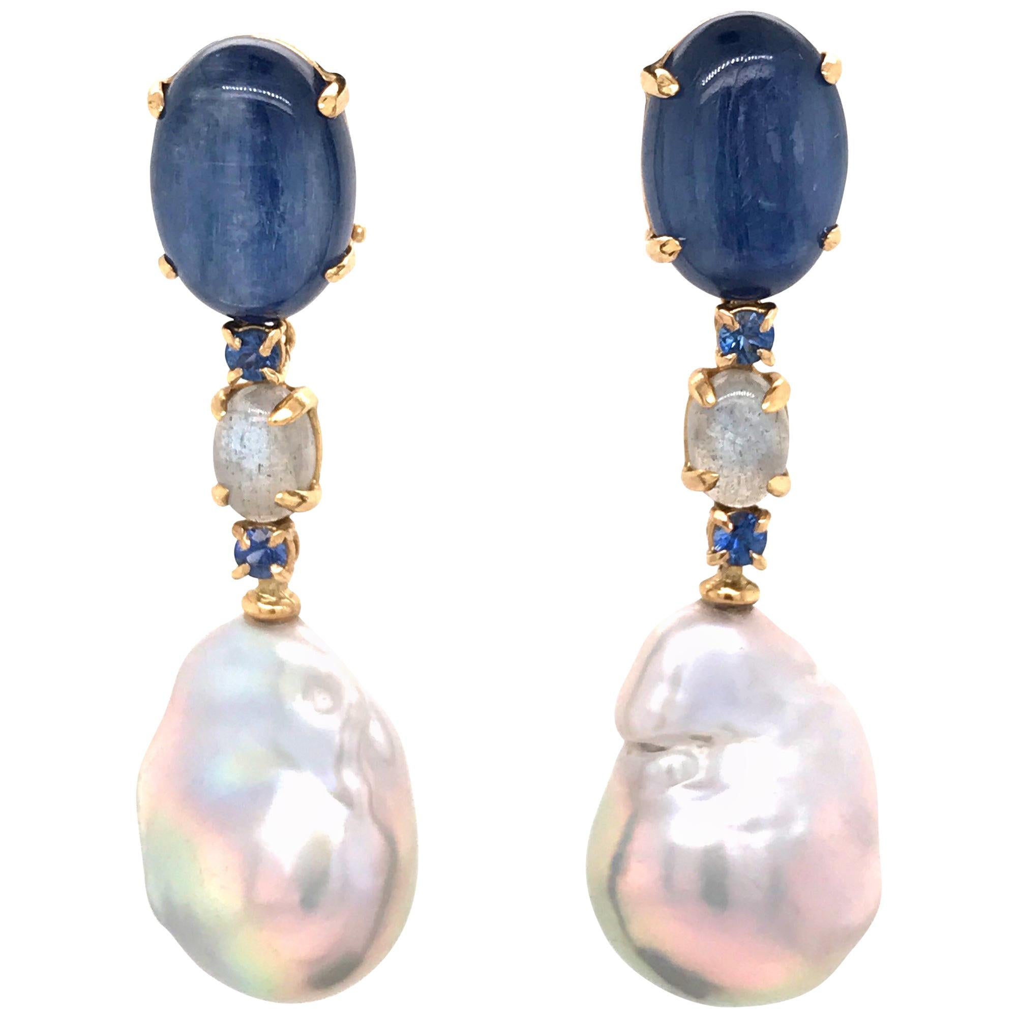 Grey Gold Kyanites Sapphires Pearls and Labradorites Chandelier Earrings