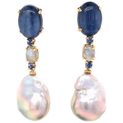 Grey Gold Kyanites Sapphires Pearls and Labradorites Chandelier Earrings