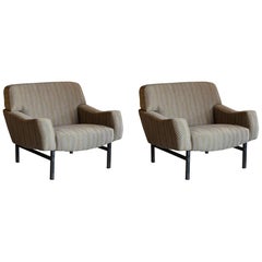 Grey/Gold Woven Fabric and Steel Structure Pair of Armchairs, Italy, circa 1950