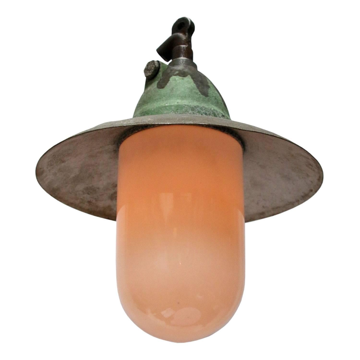 Industrial hanging lamp. Grey Green cast aluminum.
White Opaline glass.

Weight: 3.6 kg / 7.9 lb

All lamps have been made suitable by international standards for incandescent light bulbs, energy-efficient and LED bulbs. E26/E27 bulb holders and new
