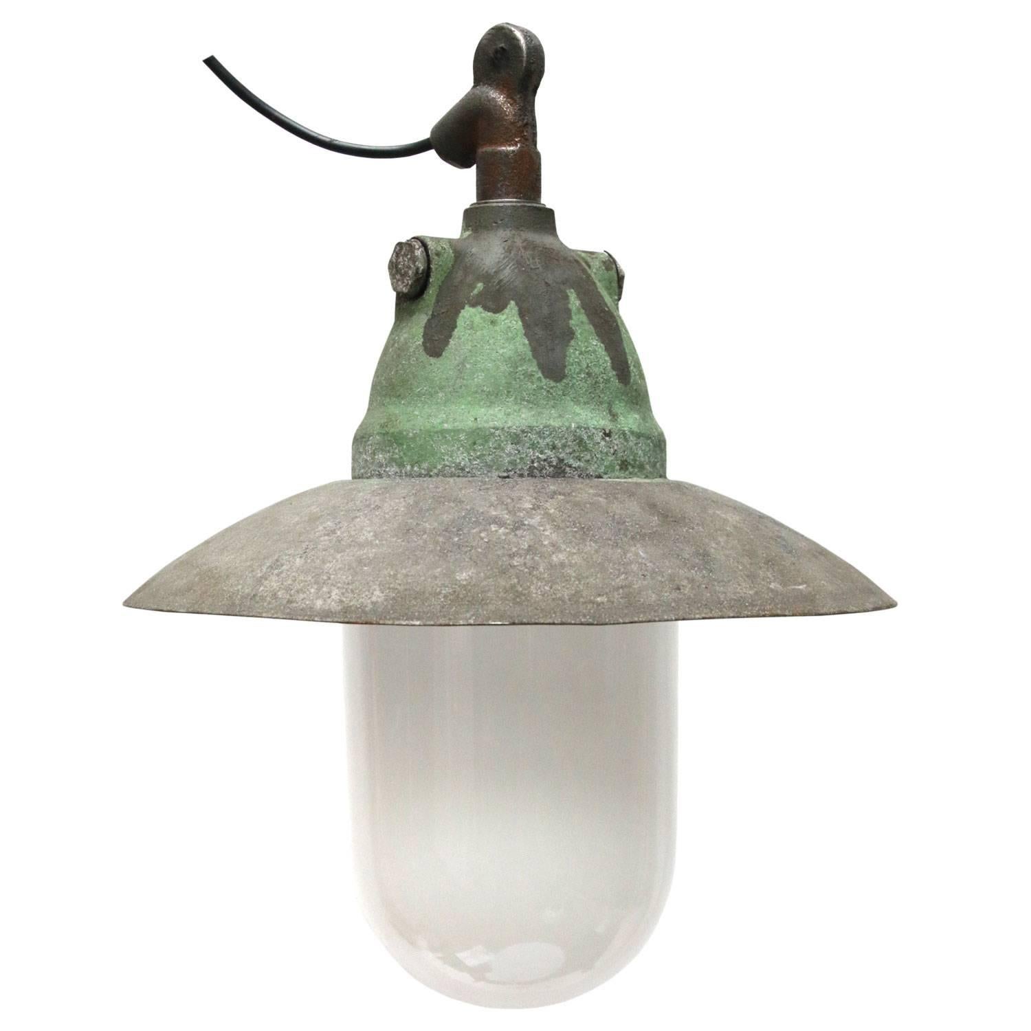 Grey Green Cast Aluminum Vintage Industrial Opaline Glass Hanging Lamp In Good Condition In Amsterdam, NL