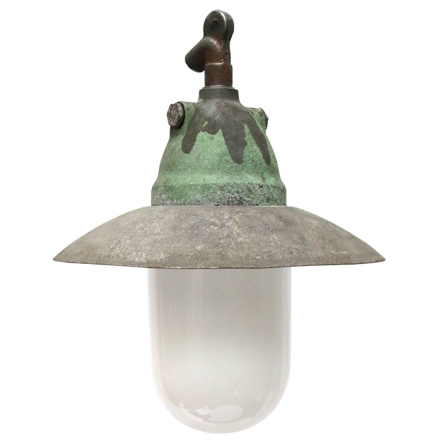 Grey Green Cast Aluminum Vintage Industrial Opaline Glass Hanging Lamp