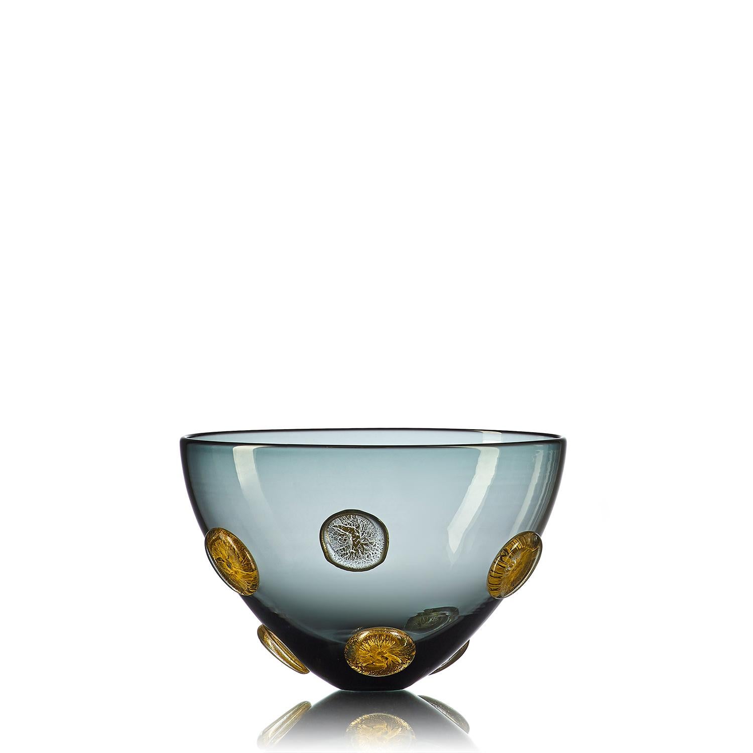 Hand-Crafted Grey Hand Blown Glass Designer Statement Bowl with Luxe Silver Dots, Vetro Vero For Sale