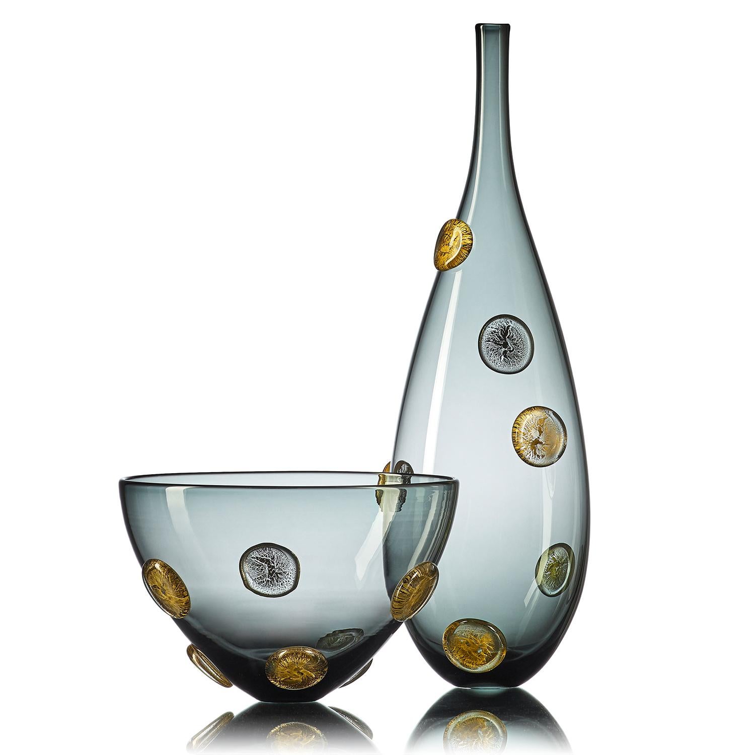 Contemporary Grey Hand Blown Glass Designer Statement Bowl with Luxe Silver Dots, Vetro Vero For Sale