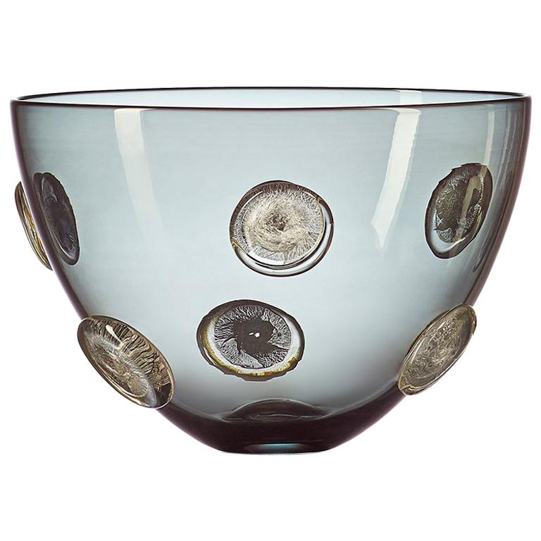 Grey Hand Blown Glass Designer Statement Bowl with Luxe Silver Dots, Vetro Vero For Sale