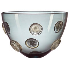 Grey Hand Blown Glass Designer Statement Bowl with Luxe Silver Dots, Vetro Vero