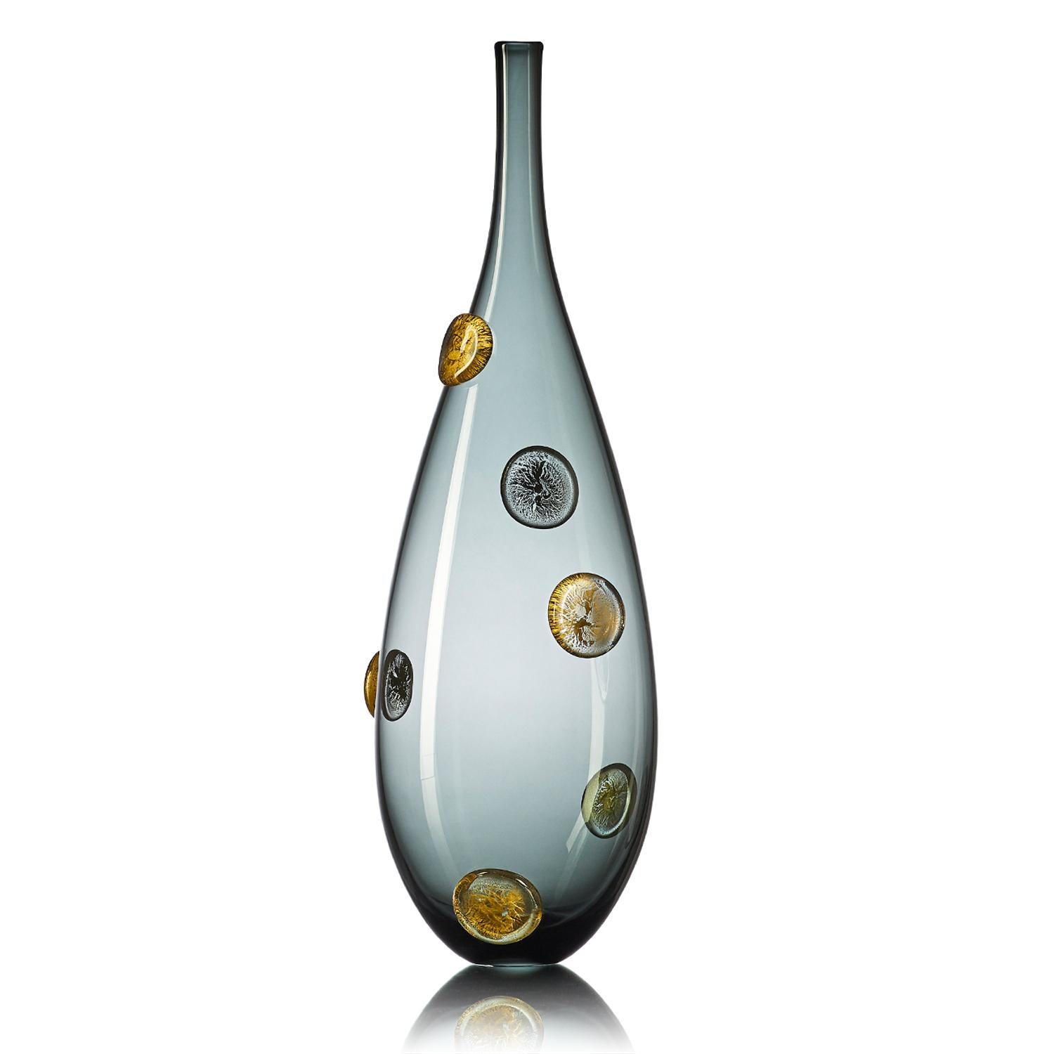 Modern Grey Hand Blown Designer Glass Statement Bowl with Luxe Gold Dots by Vetro Vero For Sale