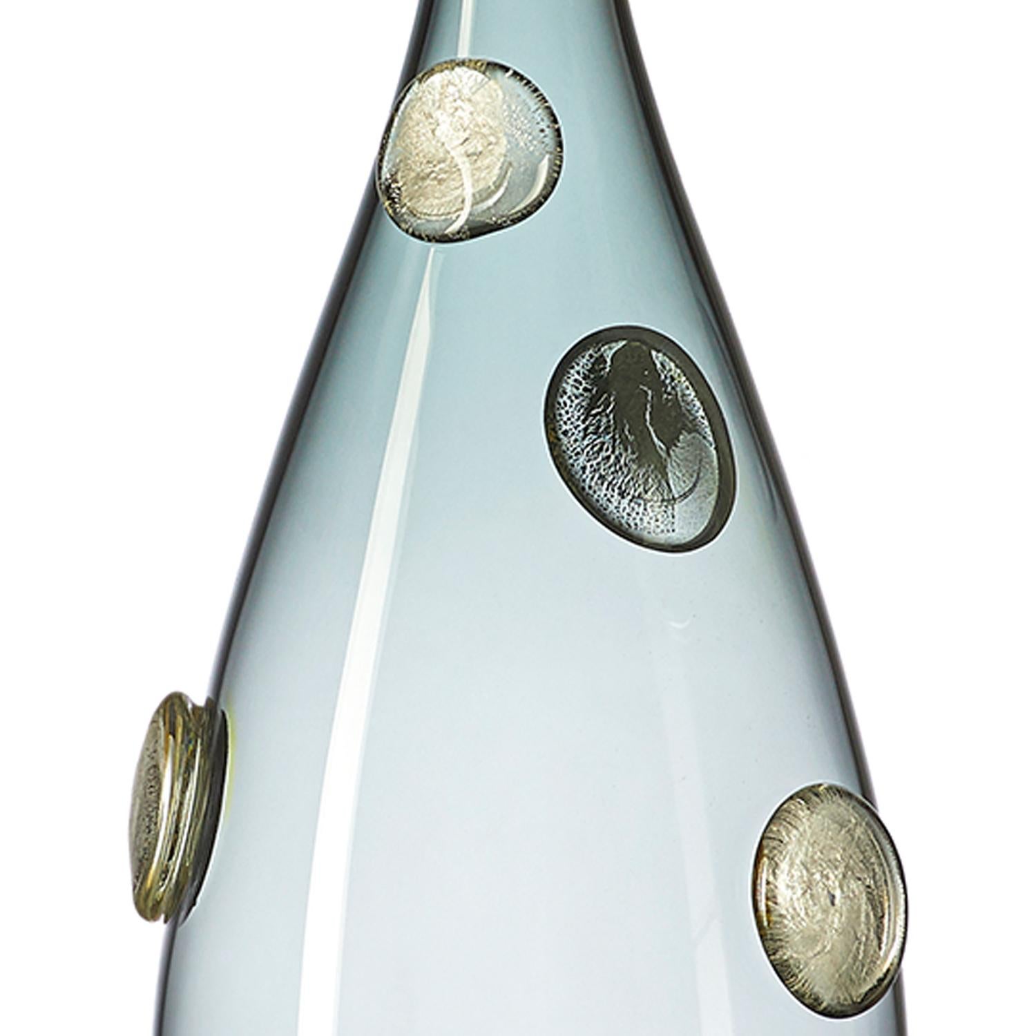 Hand-Crafted Grey Hand Blown Designer Glass Statement Bowl with Luxe Gold Dots by Vetro Vero For Sale