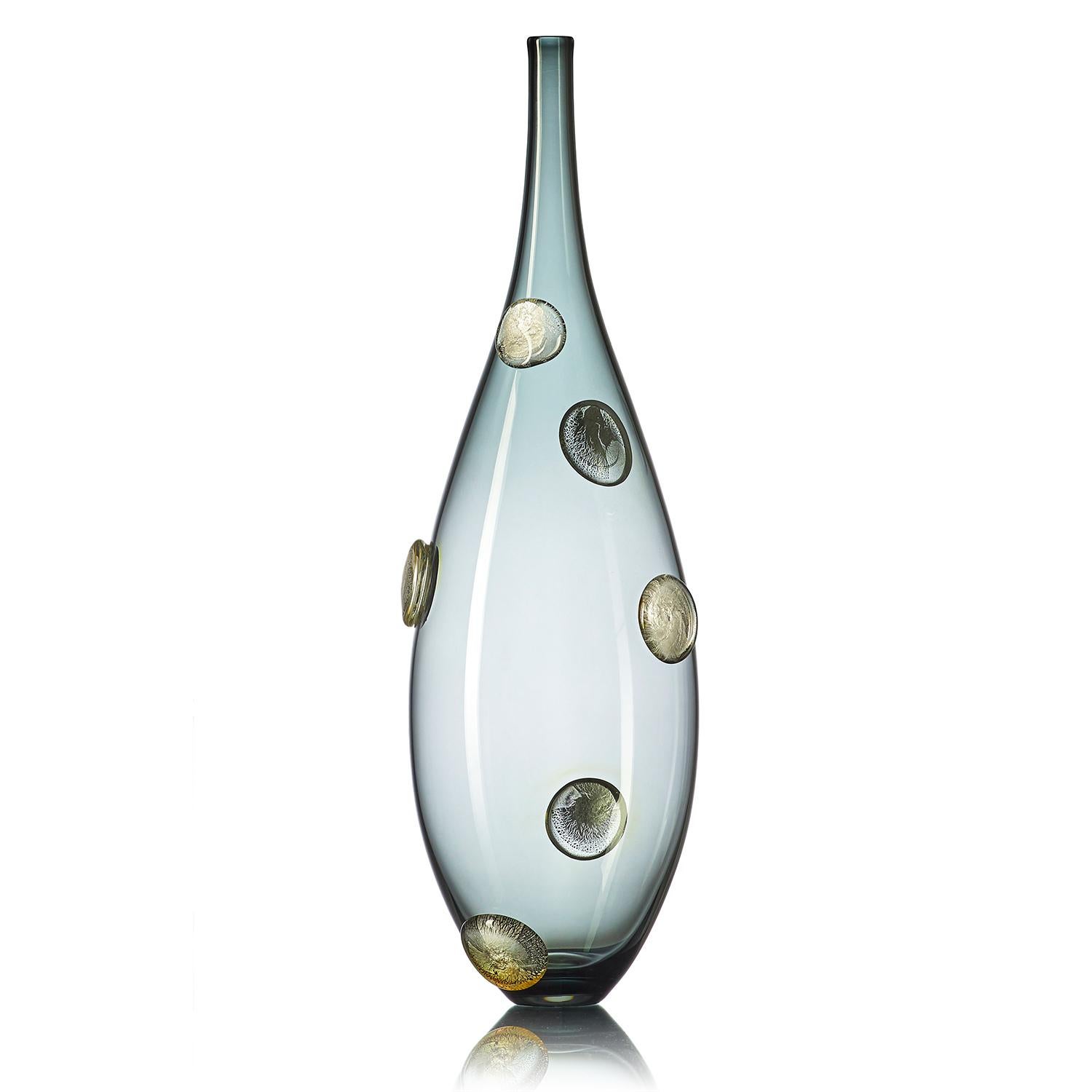 Grey Hand Blown Designer Glass Statement Bowl with Luxe Gold Dots by Vetro Vero In New Condition For Sale In West Grove, PA