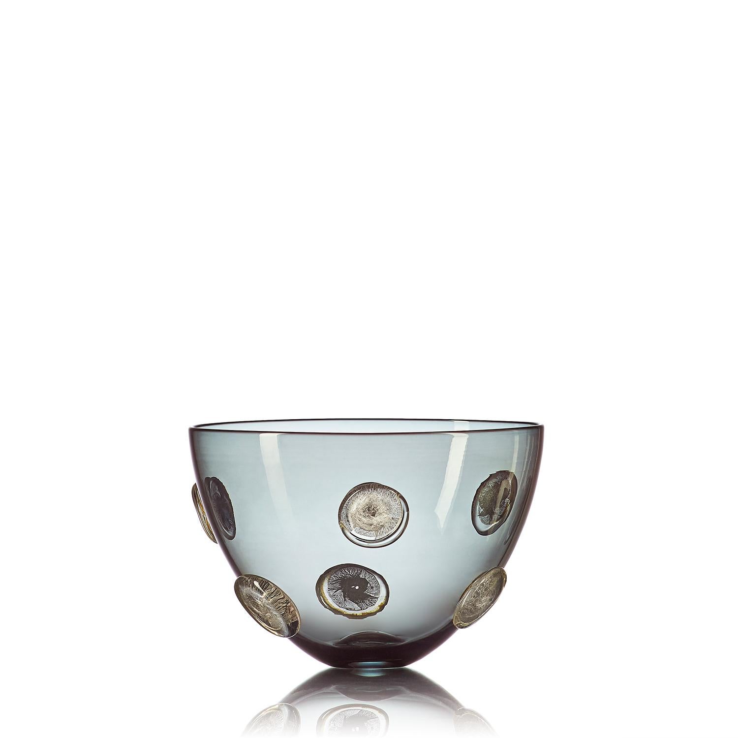 Contemporary Grey Hand Blown Designer Glass Statement Bowl with Luxe Gold Dots by Vetro Vero For Sale