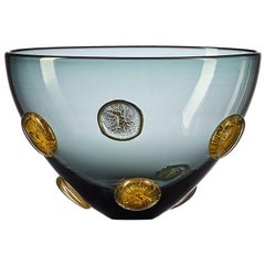 Grey Hand Blown Designer Glass Statement Bowl with Luxe Gold Dots by Vetro Vero