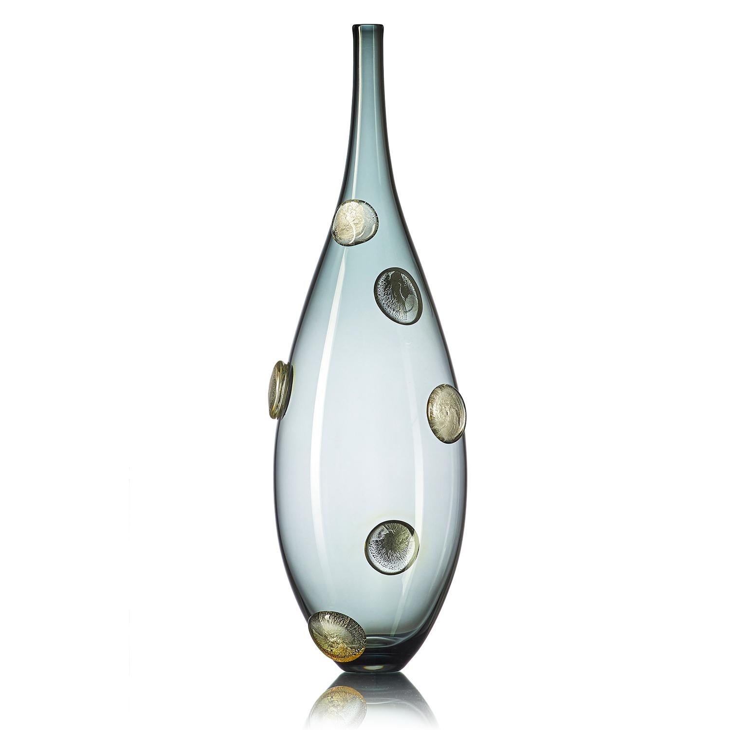 American Grey Hand Blown Glass Designer Statement Bowl with Luxe Silver Dots, Vetro Vero