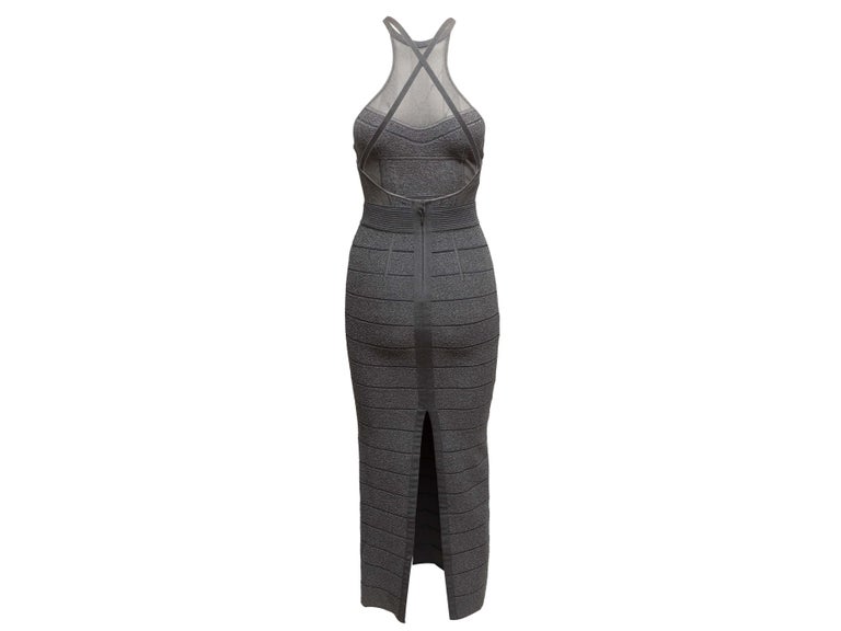 Grey Herve Leger Open Back Halter Bandage Maxi Dress For Sale at 1stDibs