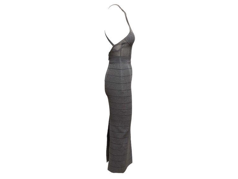 Grey Herve Leger Open Back Halter Bandage Maxi Dress For Sale at 1stDibs