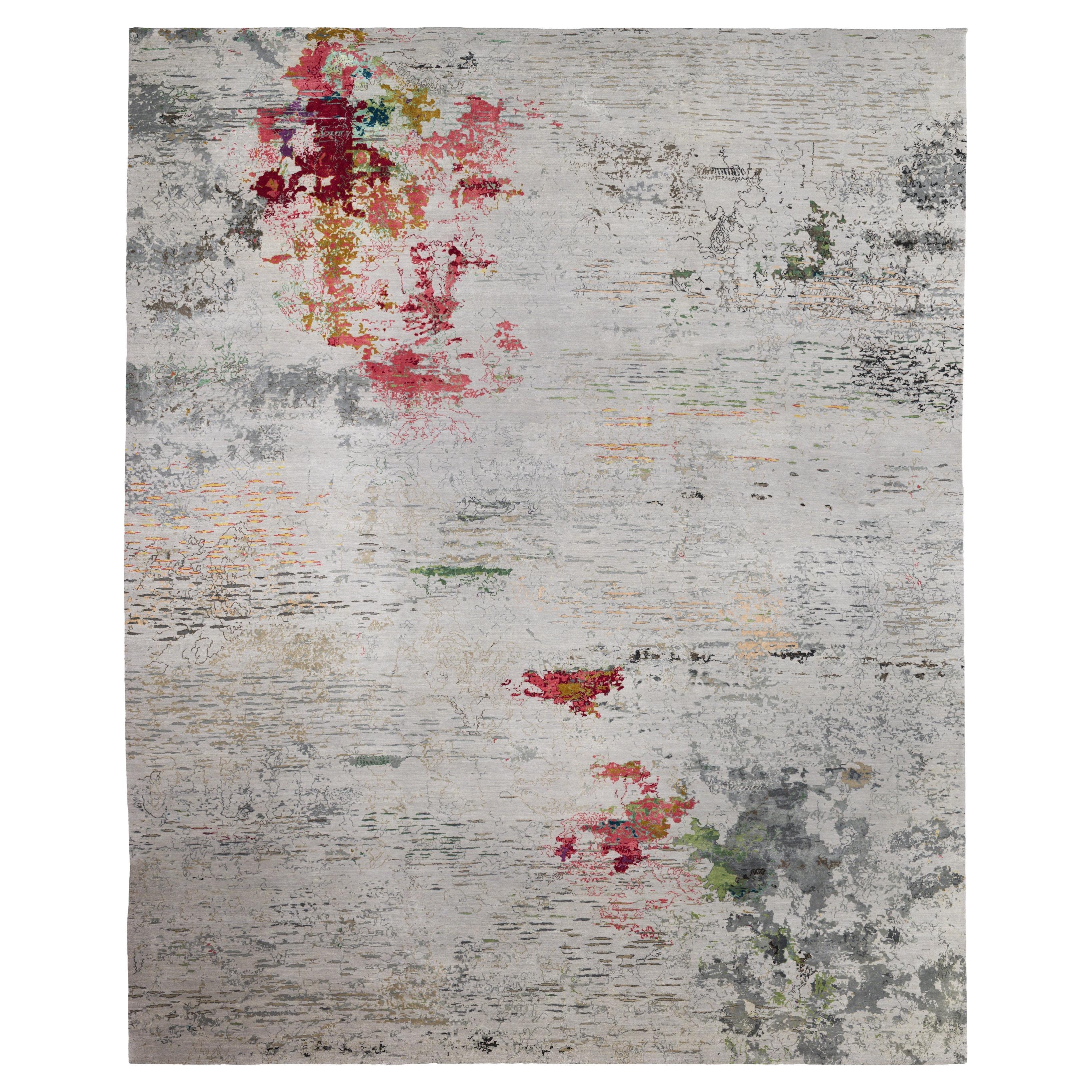 Grey India Wool And Silk Hand Knotted Rug 12 ft x 15 ft Painterly Modern Reverie