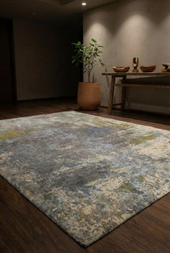 Grey India Wool Hand Knotted Rug 9 ft x 12 ft, Muted Teal Abstraction