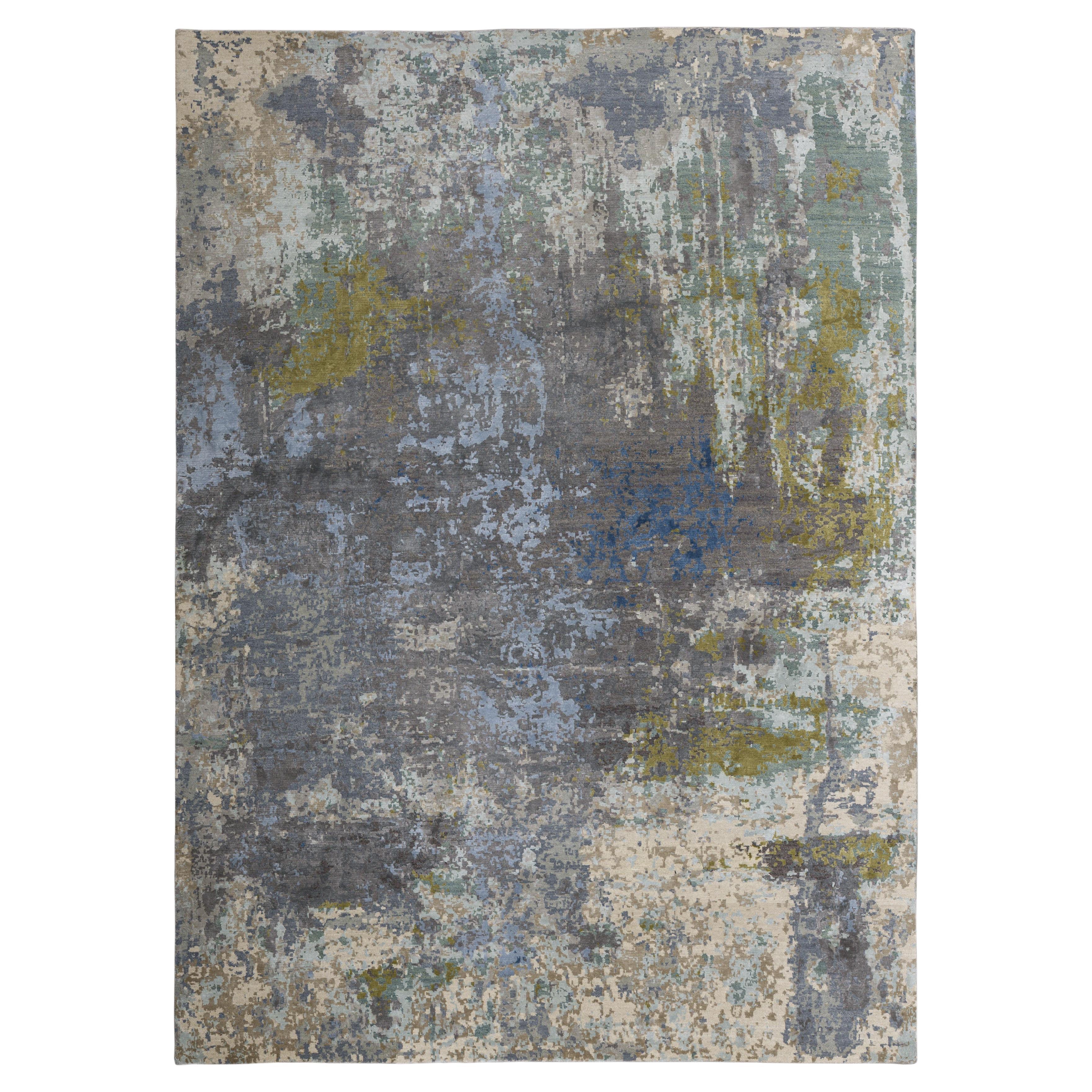 Grey India Wool Hand Knotted Rug 9 ft x 12 ft, Muted Teal Abstraction