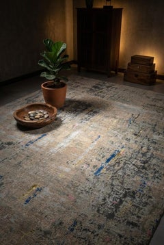 Grey India Wool Silk Blend Hand Knotted Rug 9 ft x 12 ft , Abstract Gallery Mist