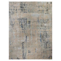 Grey India Wool Silk Blend Hand Knotted Rug 9 ft x 12 ft , Abstract Gallery Mist