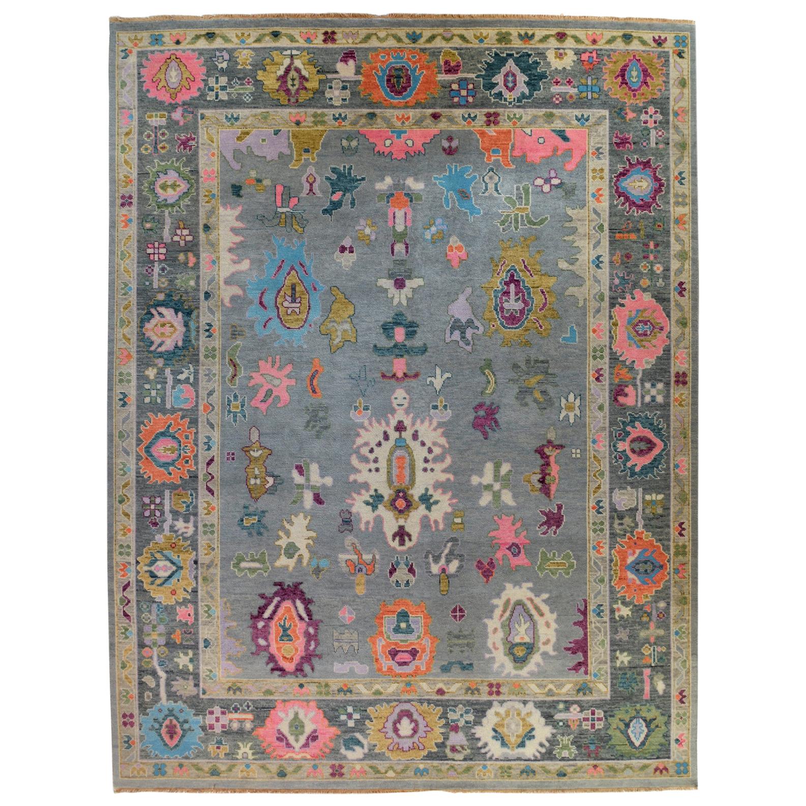 Contemporary Oushak Grey Wool Area Rug For Sale