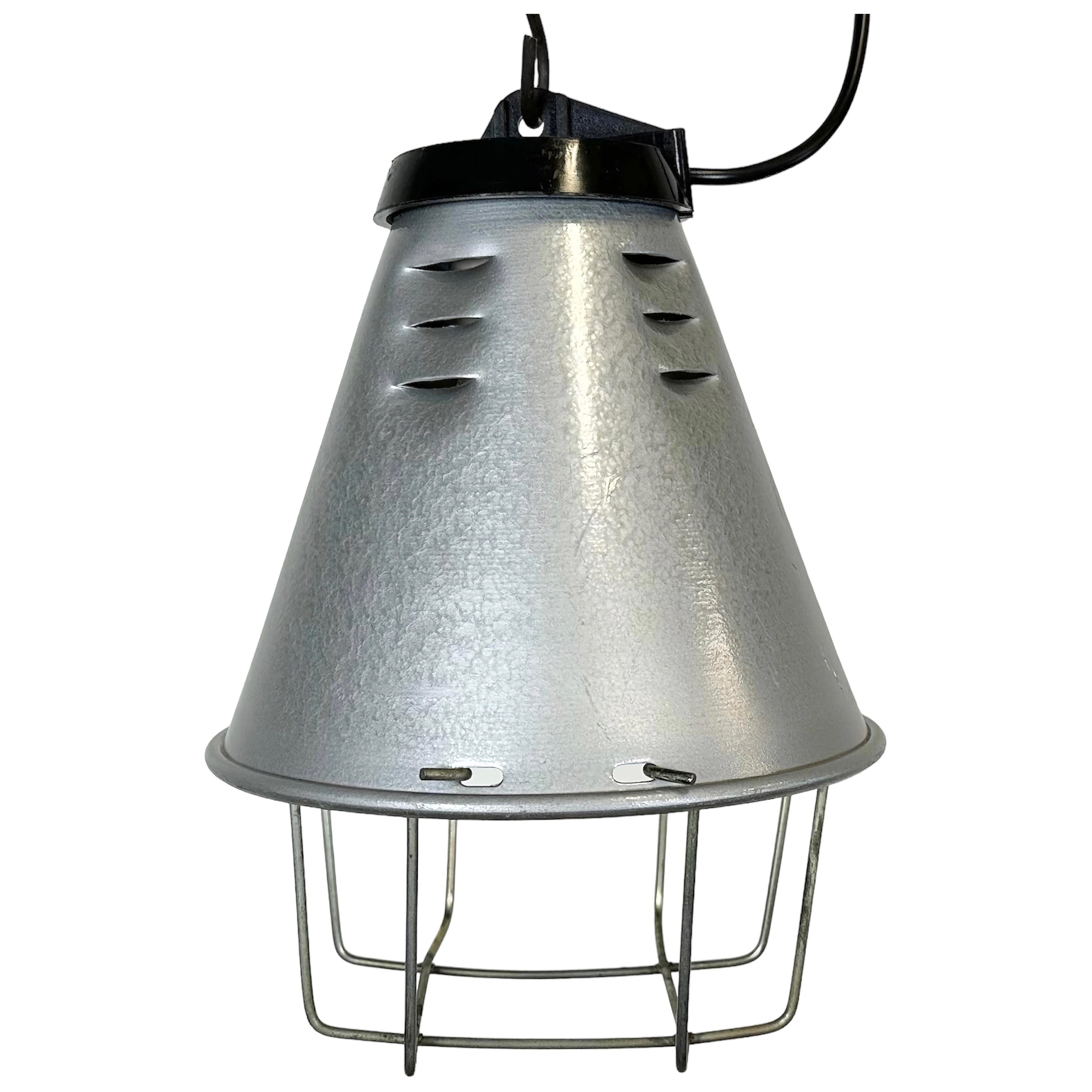 Lámpara colgante de jaula de aluminio industrial gris, años 70